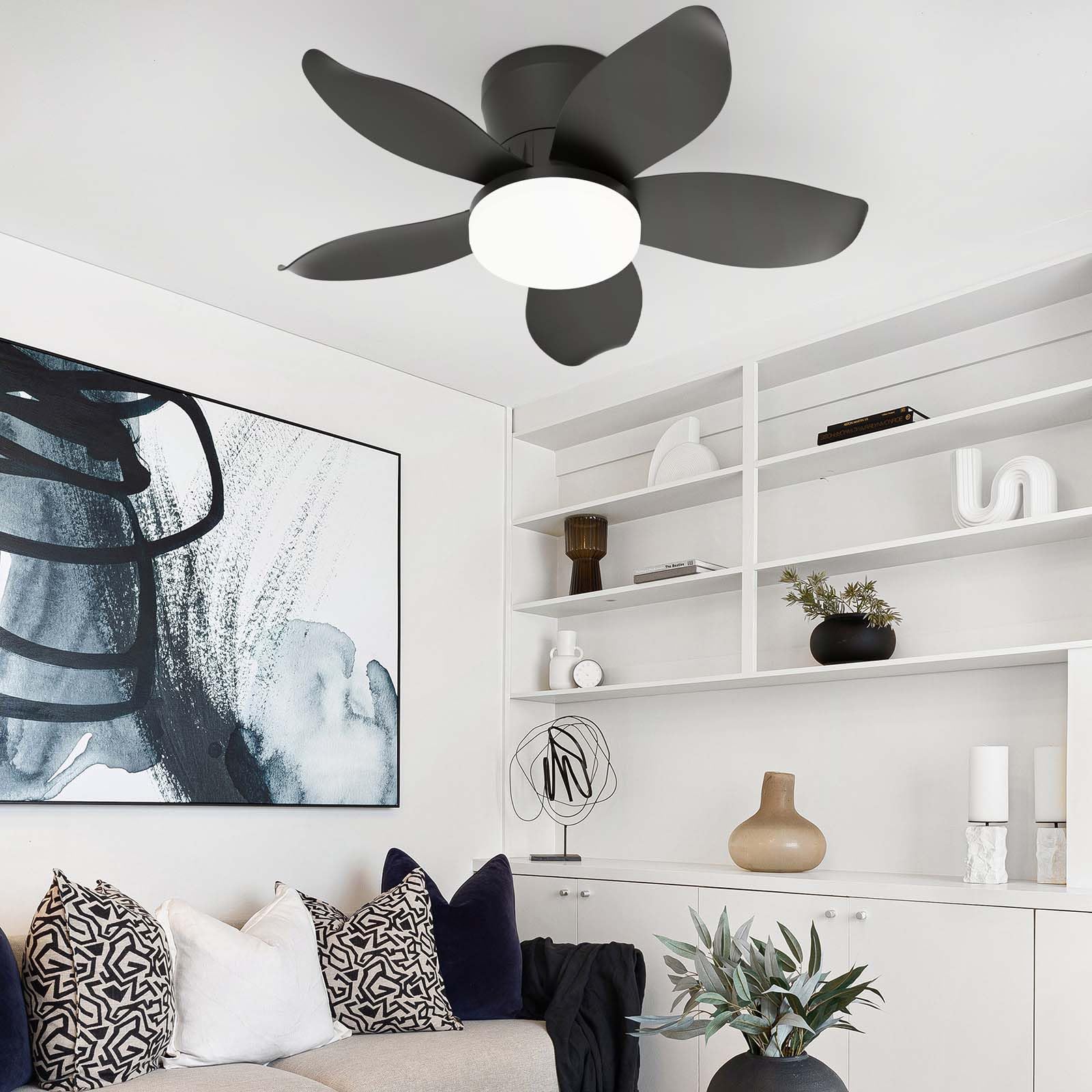 YFHKWJ Modern Ceiling Fan with Lights - Smart Dimmable LED Fan Light, APP Remote Control, 6 Speed & Timer, DC Motor, Summer-Winter Mode, 5 Blade Flush Mount for Bedroom, Dining Room-Black