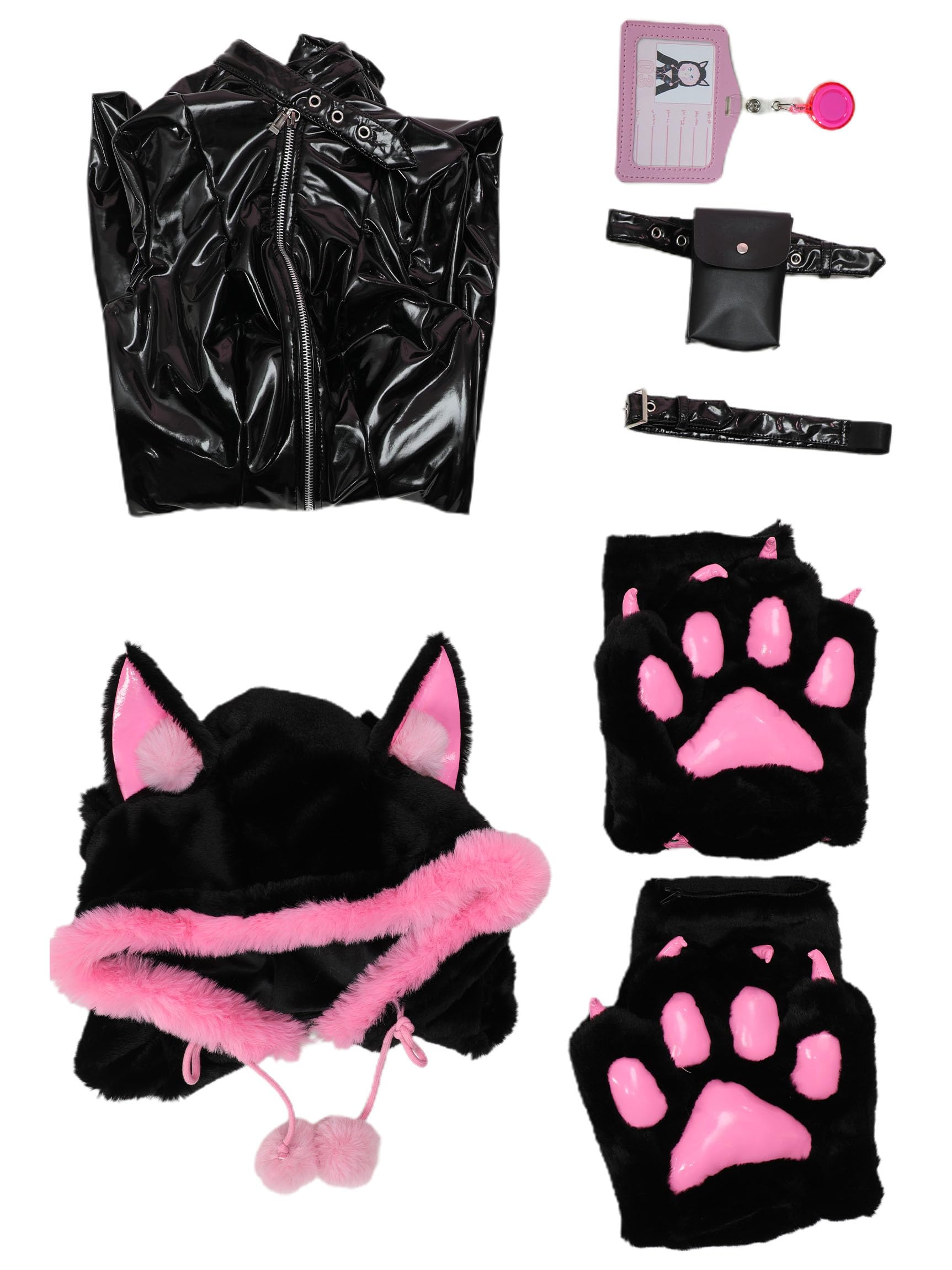 Mobbunny PU Leather Jumpsuit for Women V-neck Tight Bodysuit and Plush Hoodie with Furry Paw Gloves Party Club Halloween: Medium