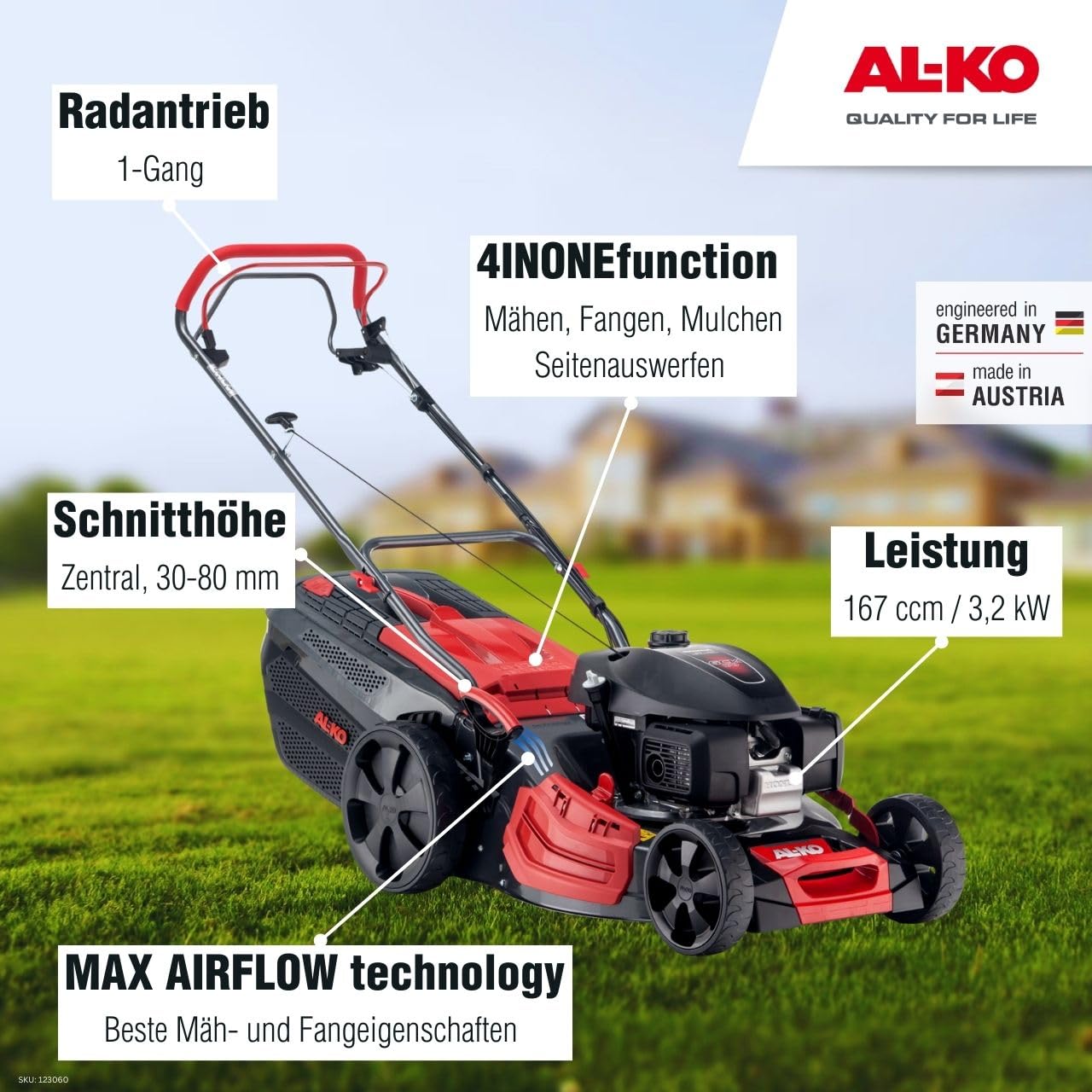 AL-KO Kosiarka spalinowa Premium 474 SP-H, szerokość cięcia 46 cm, moc silnika 3,2 kW, 1-biegowy napęd na tylne koła, funkcja 4INONE, do trawników do 1400 m²