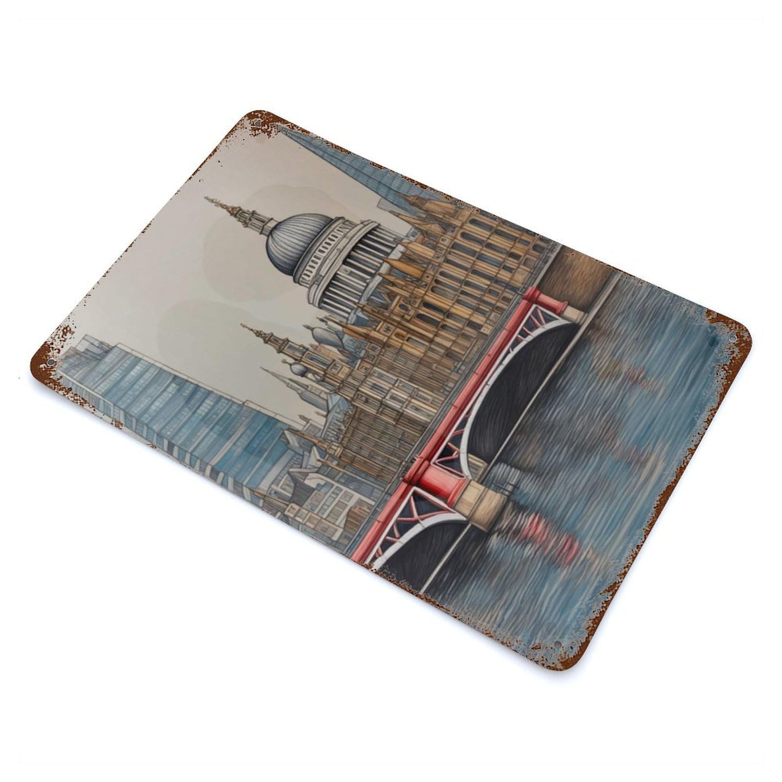 Bridge Red Rust Effect Tin Sign 11.8"x7.9", Industrial Home Decor for Garage, Bar And Workshop Decor