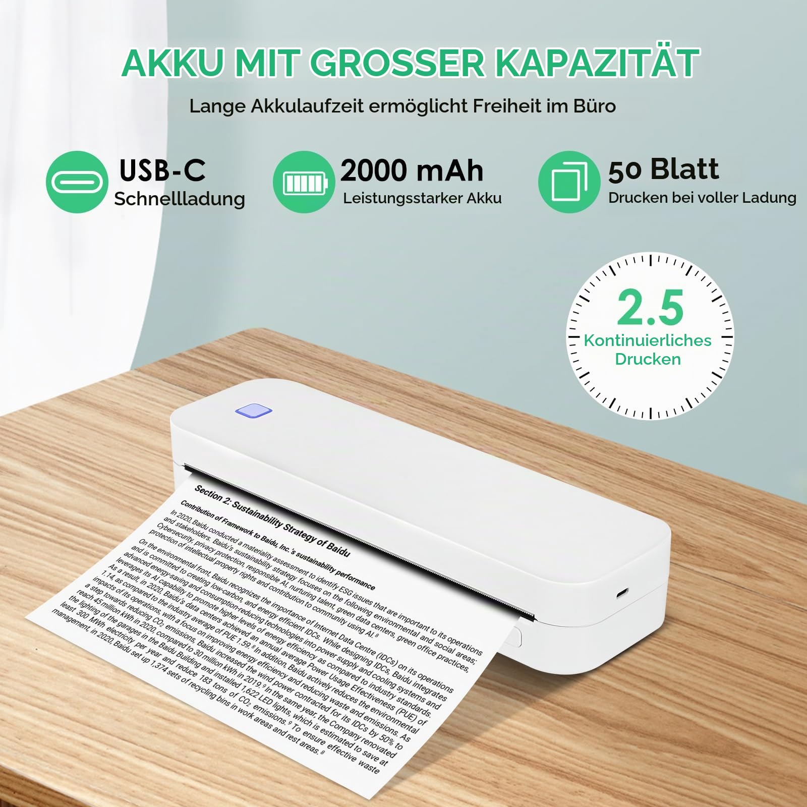 GuKKK Tragbarer Thermodrucker A4, kleiner Thermodrucker mit Bluetooth, mobiler kabelloser Drucker, unterstützt Thermodrucker A4 210 x 297 mm, kompatibel mit Android iOS für Büro Studio (Weiß)