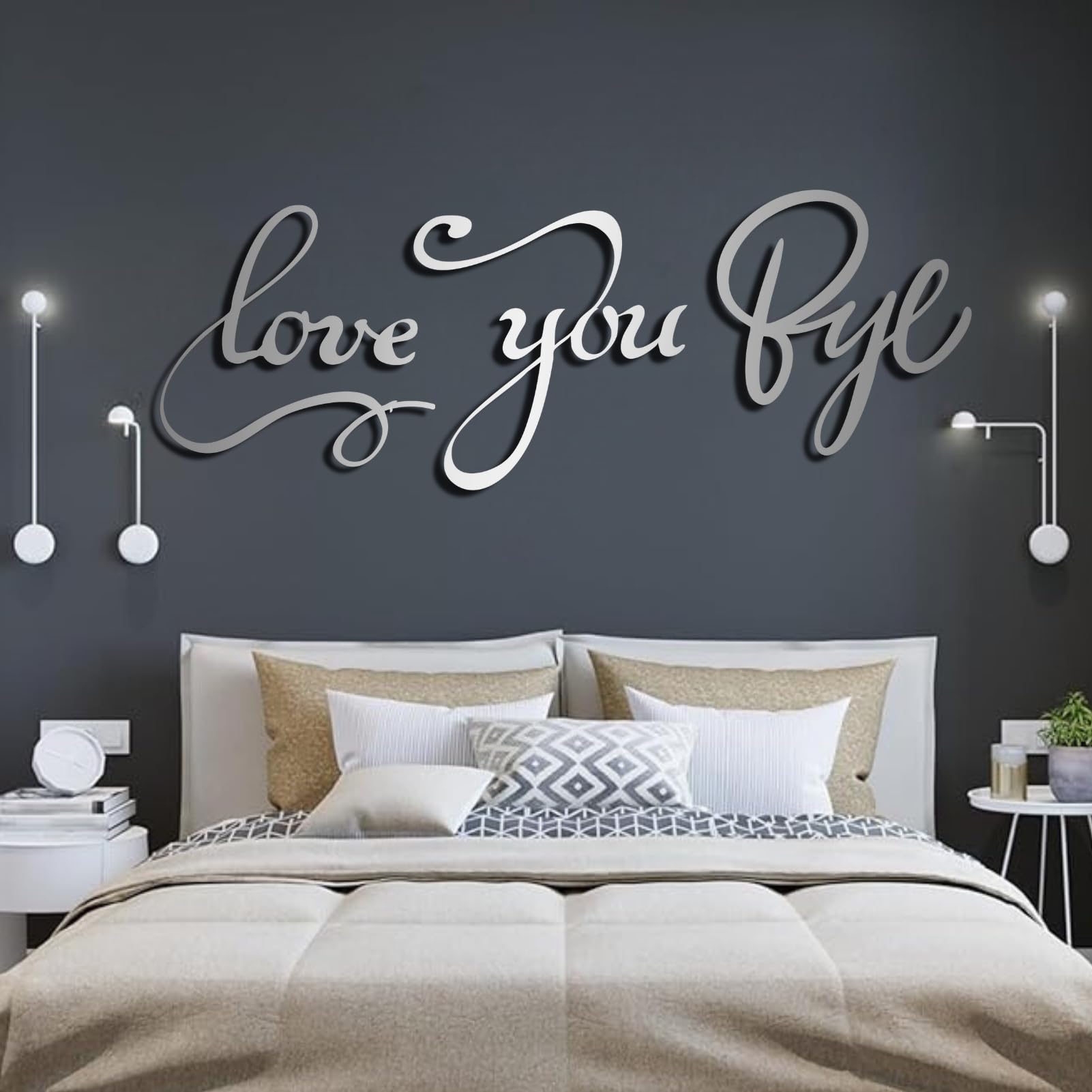 Schwarzes Metall-Wandbild „Love You Bye“, Metall-Liebeszeichen-Monogramm-Paar-Wandbild-Dekoration, Moderne Skulptur zur Dekoration von Wohnzimmer, Schlafzimmer, Flur und Wohnbereich (Weiß, 3