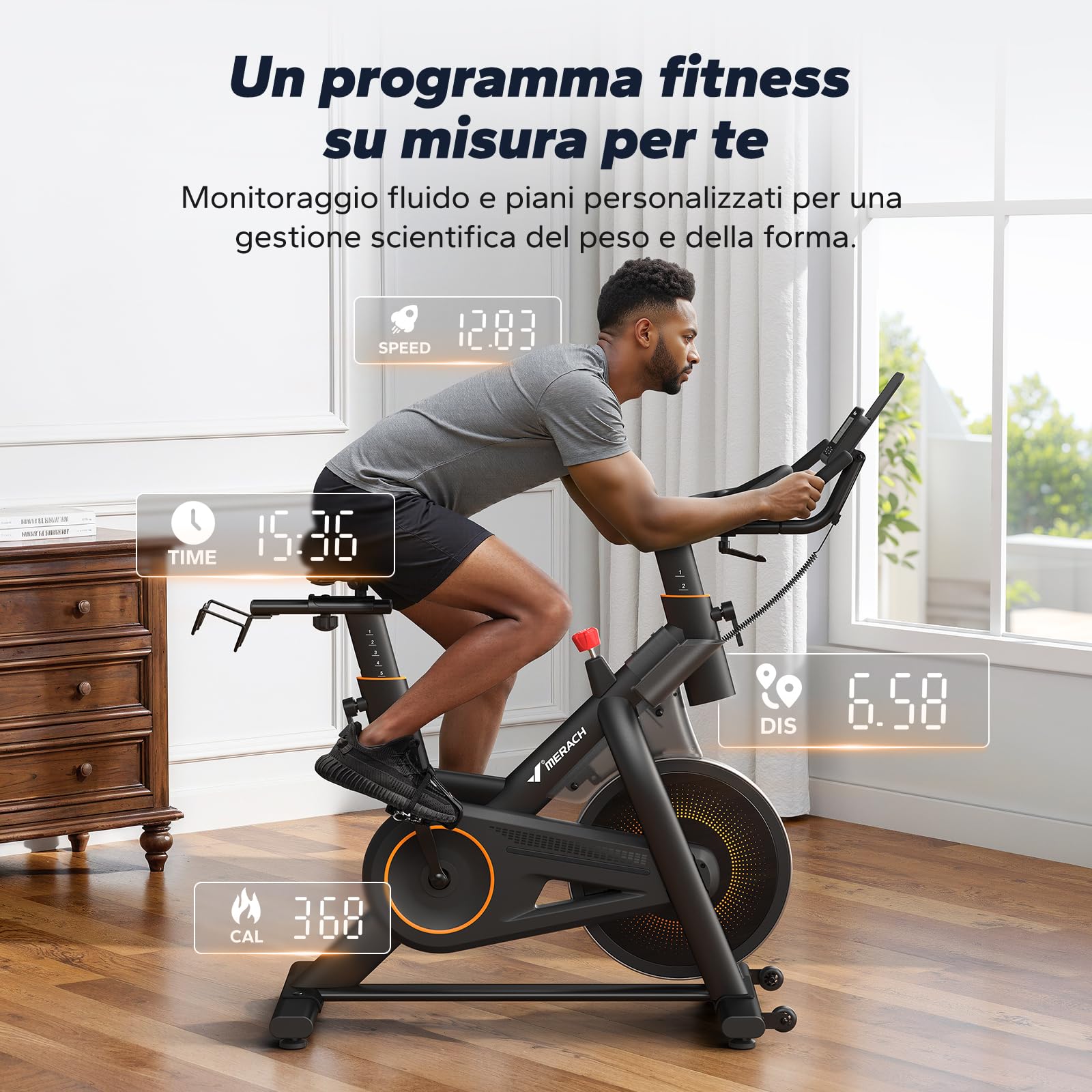 MERACH Cyclette, bicicletta con resistenza magnetica, silenziosa, con cuscino da seduta confortevole, per interni con supporto per tablet, applicazione propria, fino a 158 kg