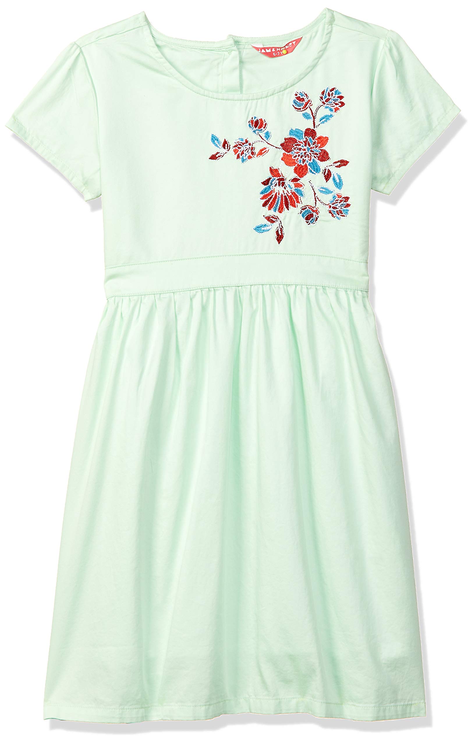 Amazon Brand - Jam & Honey Girl's Empire Waist Knee-Length 100% Cotton Embroidered Regular Fit Short Sleeve Dress