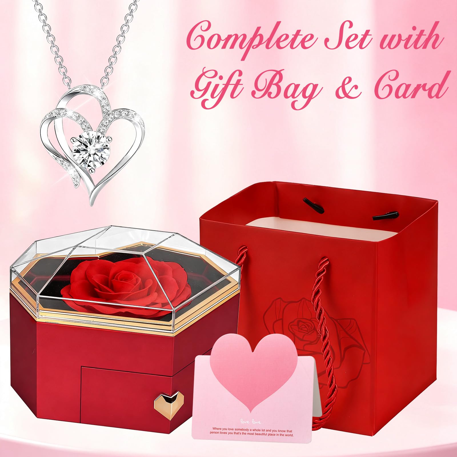Rosa Eterna Stabilizzata Regalo Donna per Fidanzata Festa Della Mamma, Scatola Regalo a Forma di Cuore con Fiori Eterna e Collana, Regali San Valentino, Anniversario per Lei, Compleanno, Moglie -Rosso