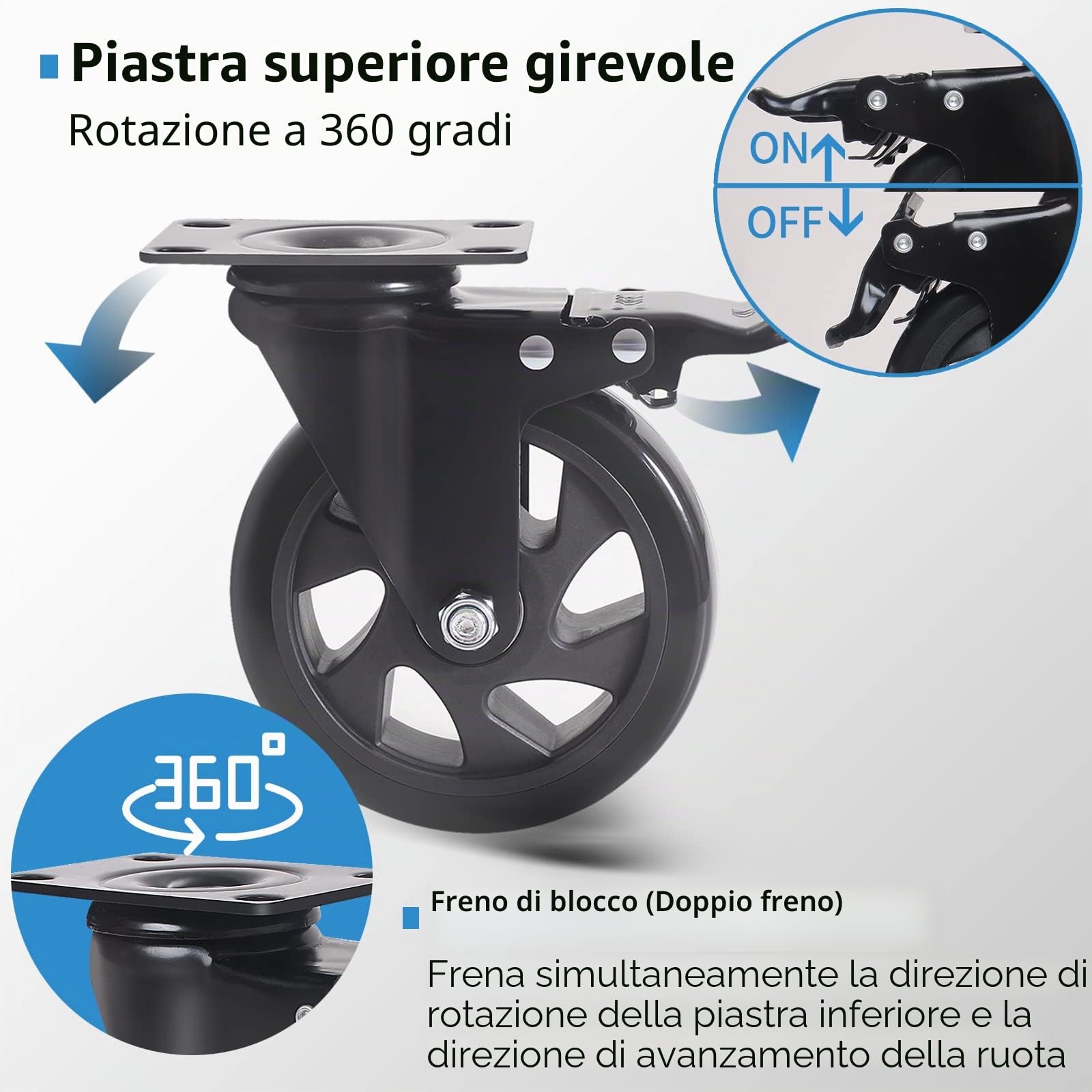 Ruote Per Carrello Pesanti con Freno 125MM, PU Rotelle per Mobili Ruote Girevoli a 360 Gradi, Set di 4 Doppio Cuscinetto Rotelle Pivotanti Capacità 800kg per Tavolo, Armadio(con Viti)