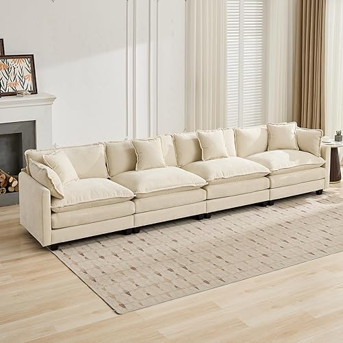 Miniatura 20 de Sofá seccional modular beige de 111.5", sofás seccionales grandes de 3 plazas para sala de estar, tela de chenilla marfil blanquecino, sofá nube de