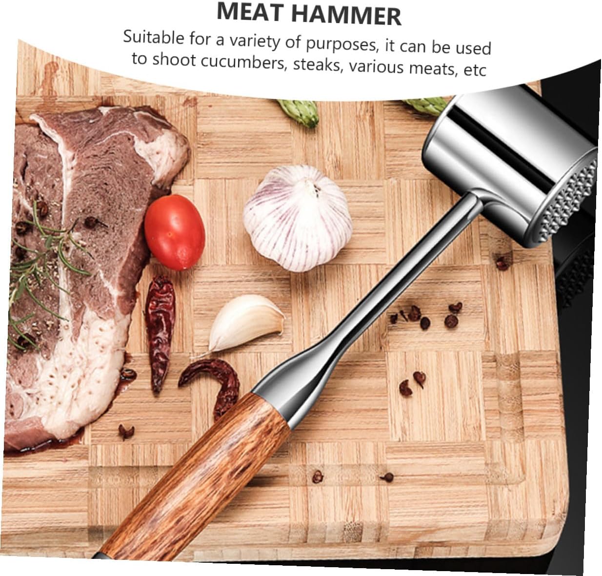 Stainless Steel Meat Tenderizer Hammer 304 Steel Kitchen Mallet for Home Use with Hardwood Handle, Dual-sided Steak Pounder Tool for Beef, Chicken, and Pork Cooking Random Color