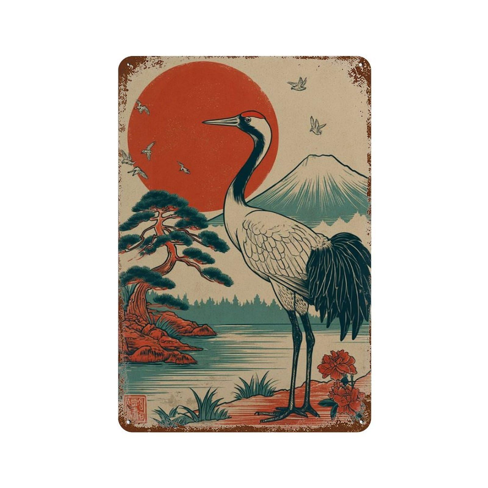 xiaoxiaoshen Japanese Crane Mount Fuji Red Sun Landscape Asian Nature Wall Decor Art Metal Tin Poster Modern Home Decor Art Home Bar Shop Decorations Vintage Sign 30x20cm