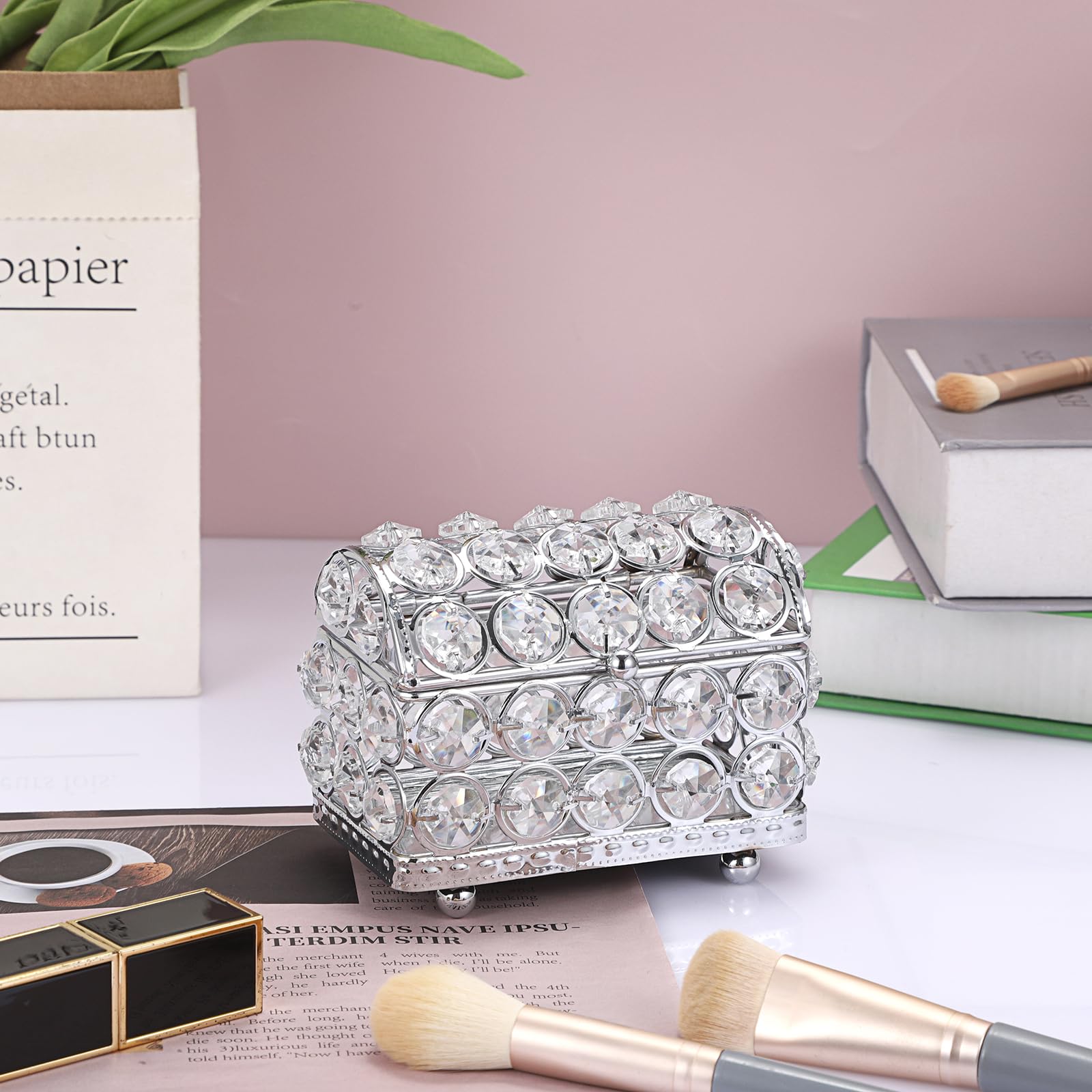 Hipiwe Crystal Jewelry Trinket Box Silver Mirrored Treasure Chest Box Small Keepsake Box Decorative Jewelry Display Case Organizer Earrings Rings Storage Box Gift for Women