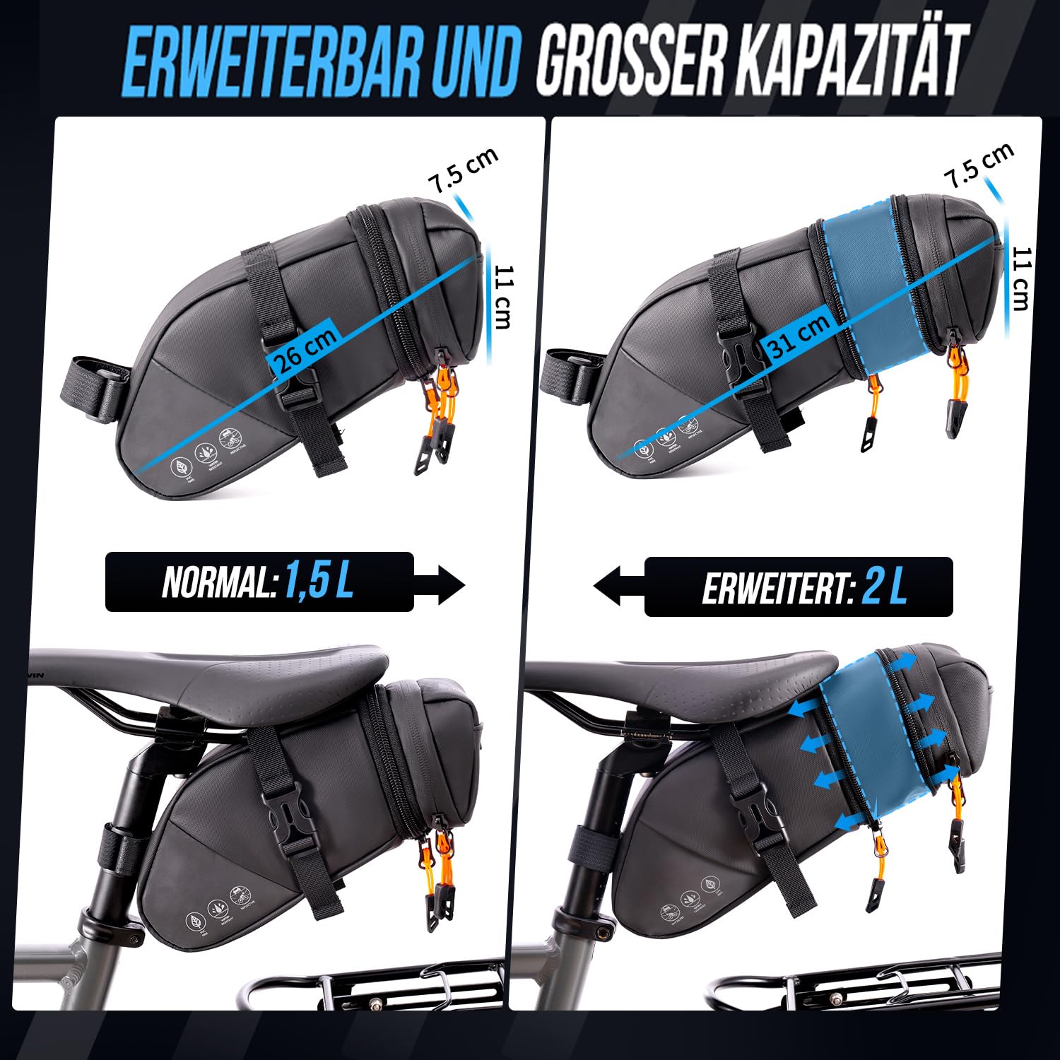 Eyein Fahrrad Satteltasche, Satteltaschen für Fahrrad - Erweiterbar von 1,5L auf 2L Kapazität, Wasserfest beim Leichten Reflektierend Fahrradtasche Fahrradsitz Tasche für Straße Rennrad