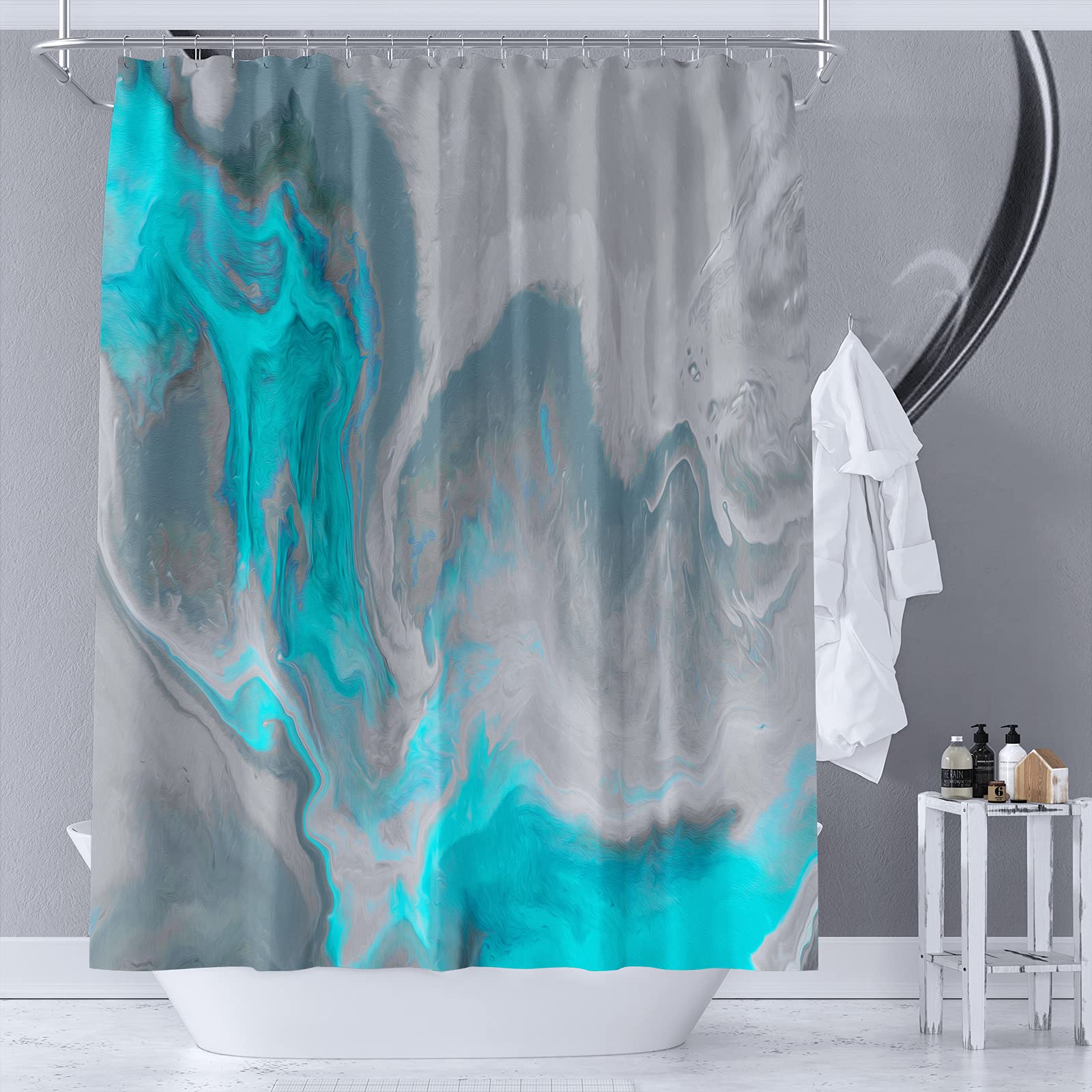 Yaehoco Aqua & Grey Abstract Rich And Colorful Fabric Shower Curtain | Main Colors: Aqua, Grey, Blue,Teal | Waterproof Shower Curtains With Hooks For Bathroom Decor｜ 72"X72" Inch