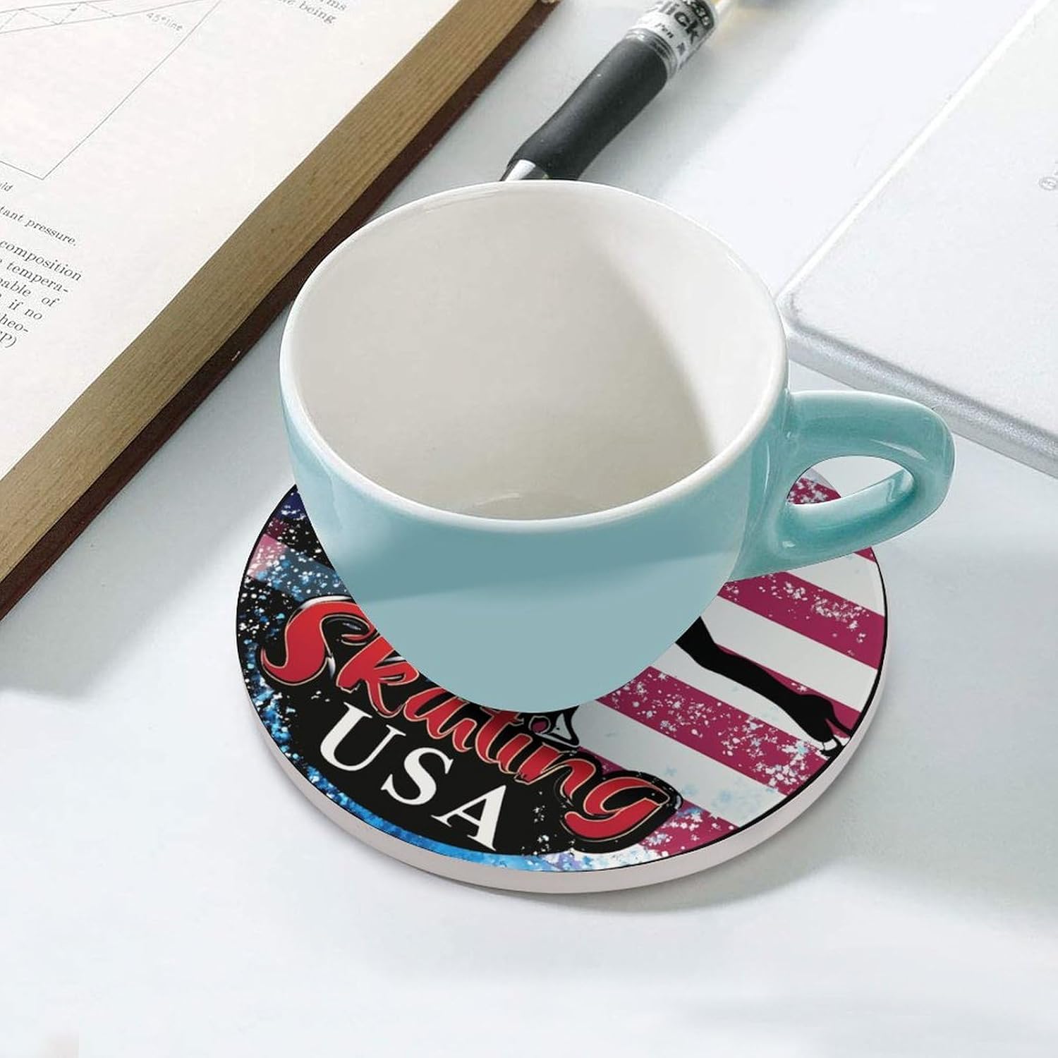 Ice Skating Dance USA Flag Coasters for Drink Round Ceramic Coaster with Cork Base Home Decorative 4PCS