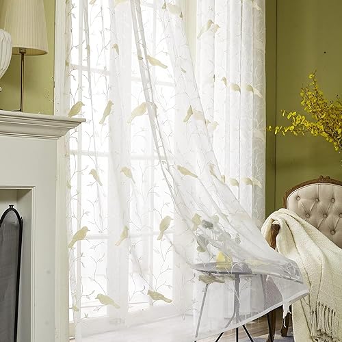 Leeva Cortinas traslúcidas blancas para dormitorio, lino floral café bordado, cortinas semitransparentes con bolsillo para barra para sala de estar,