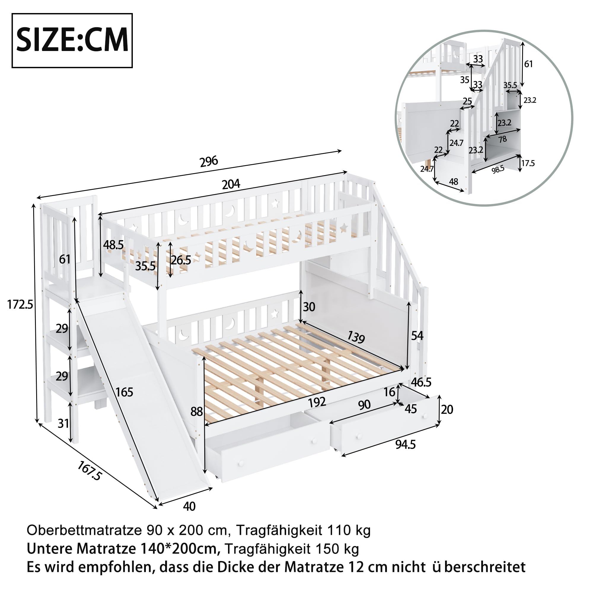 Mrwoo Kinderbett 140x200 cm, Etagenbett mit Rutsche, Stauraumbett mit 2 Schubladen und Offenem Stauraum, Rausfallschutz Geländer, MDF+Kiefernholzl+Sperrholz (Ohne Matratze) (Weiß - A - Schubladen)
