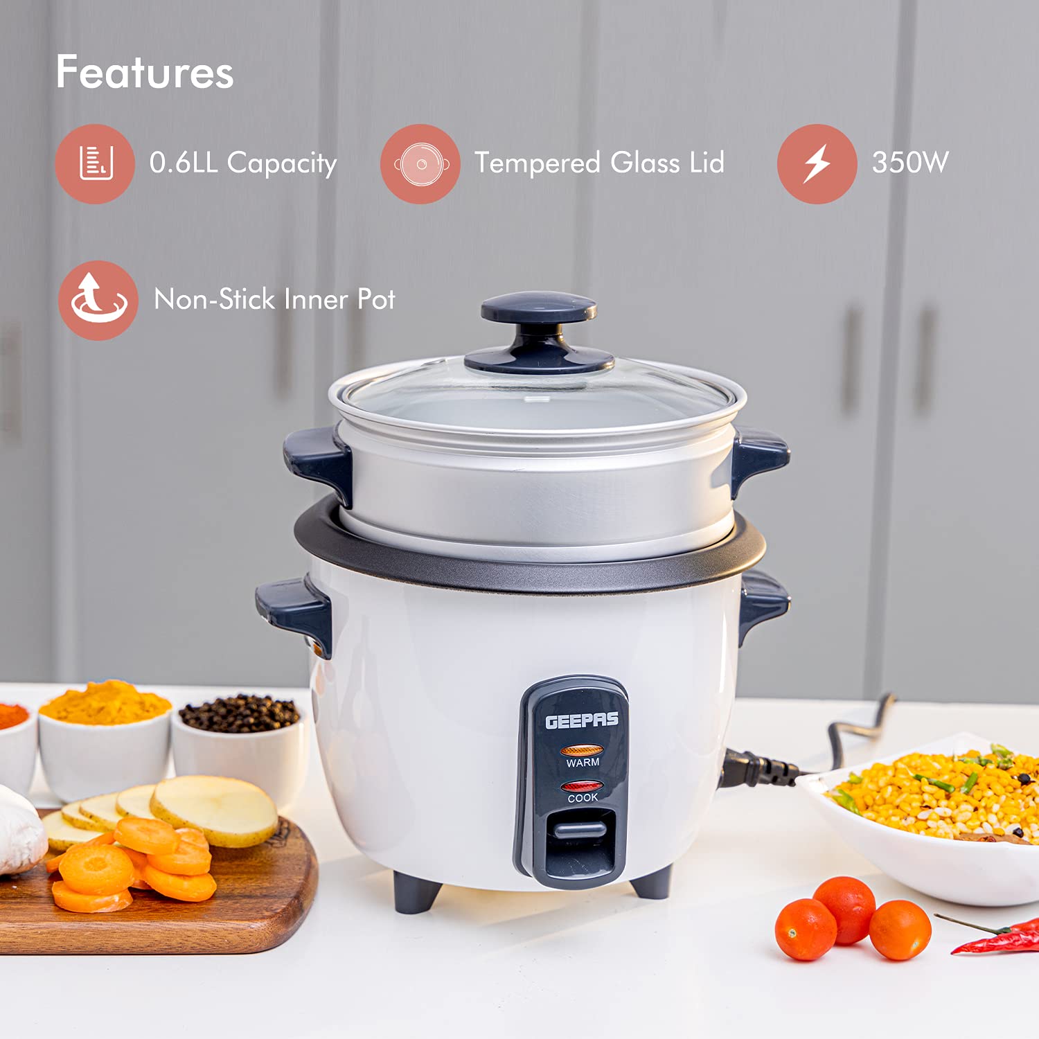 Geepas Rice Cooker & Steamer with Keep Warm Function, 600ML 350W