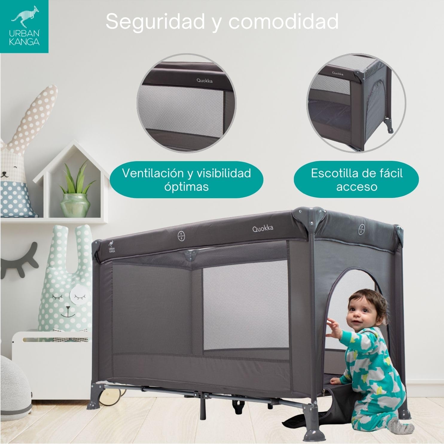 Urban Kanga QK Cuna de Viaje para Bebé con Colchón Plegable y Portátil 60x120cm (Gris, QK)
