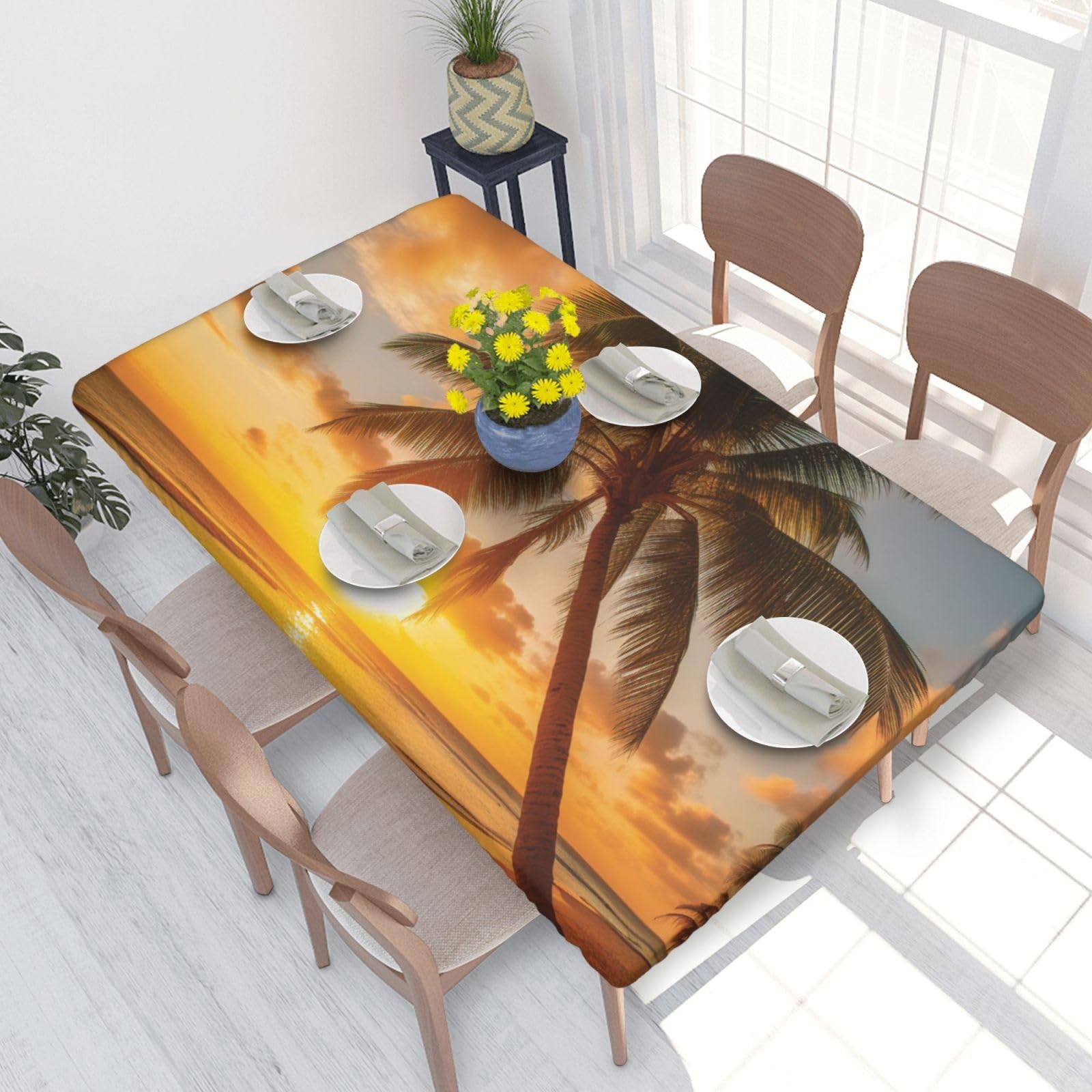 DCARSETCV Tropical Beach Palm Tree Sunset Printed 4FT Waterproof Tablecloth with Elastic Edged Protect & Decor Your Table, Oil-proof Washable Table Cloth Cover for Dinner Picnic Party