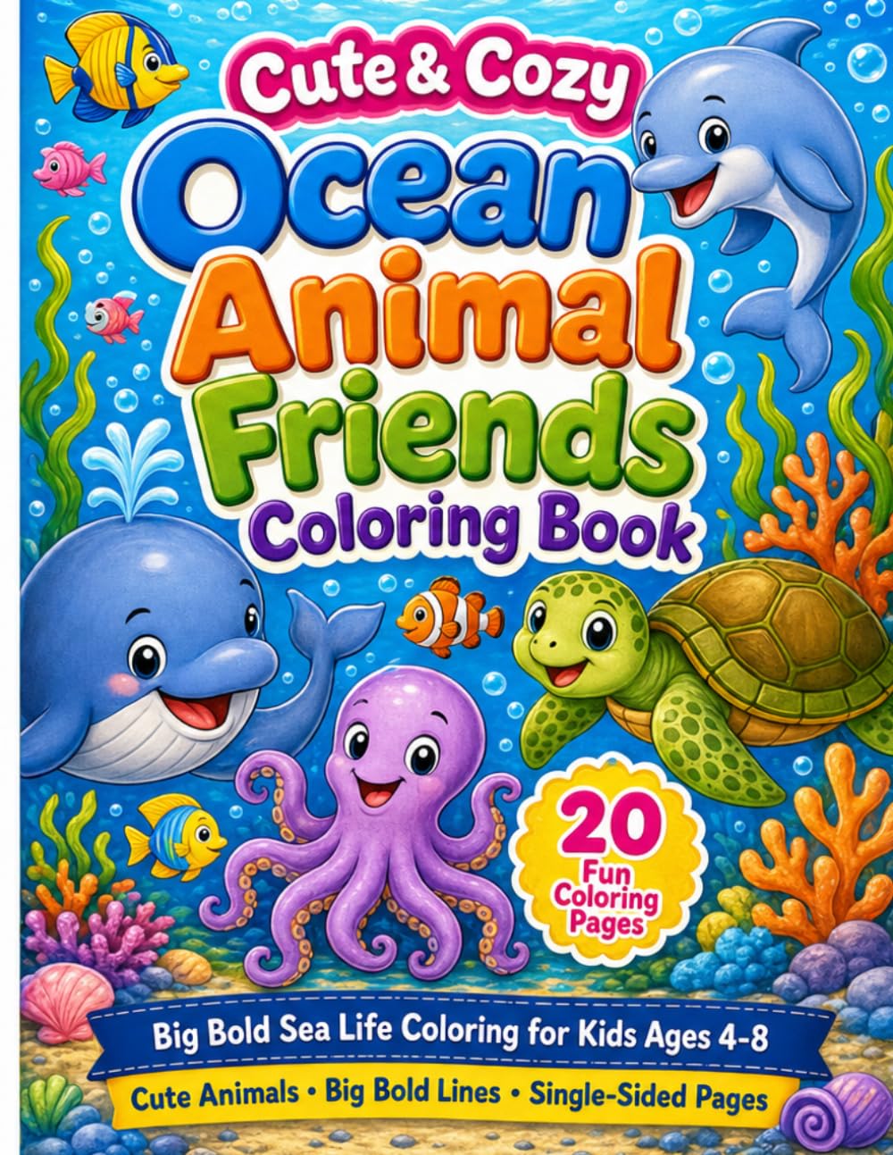 Cute & Cozy Ocean Animal Friends Coloring Book: Big Bold Sea Life Coloring for Kids Ages 4-8