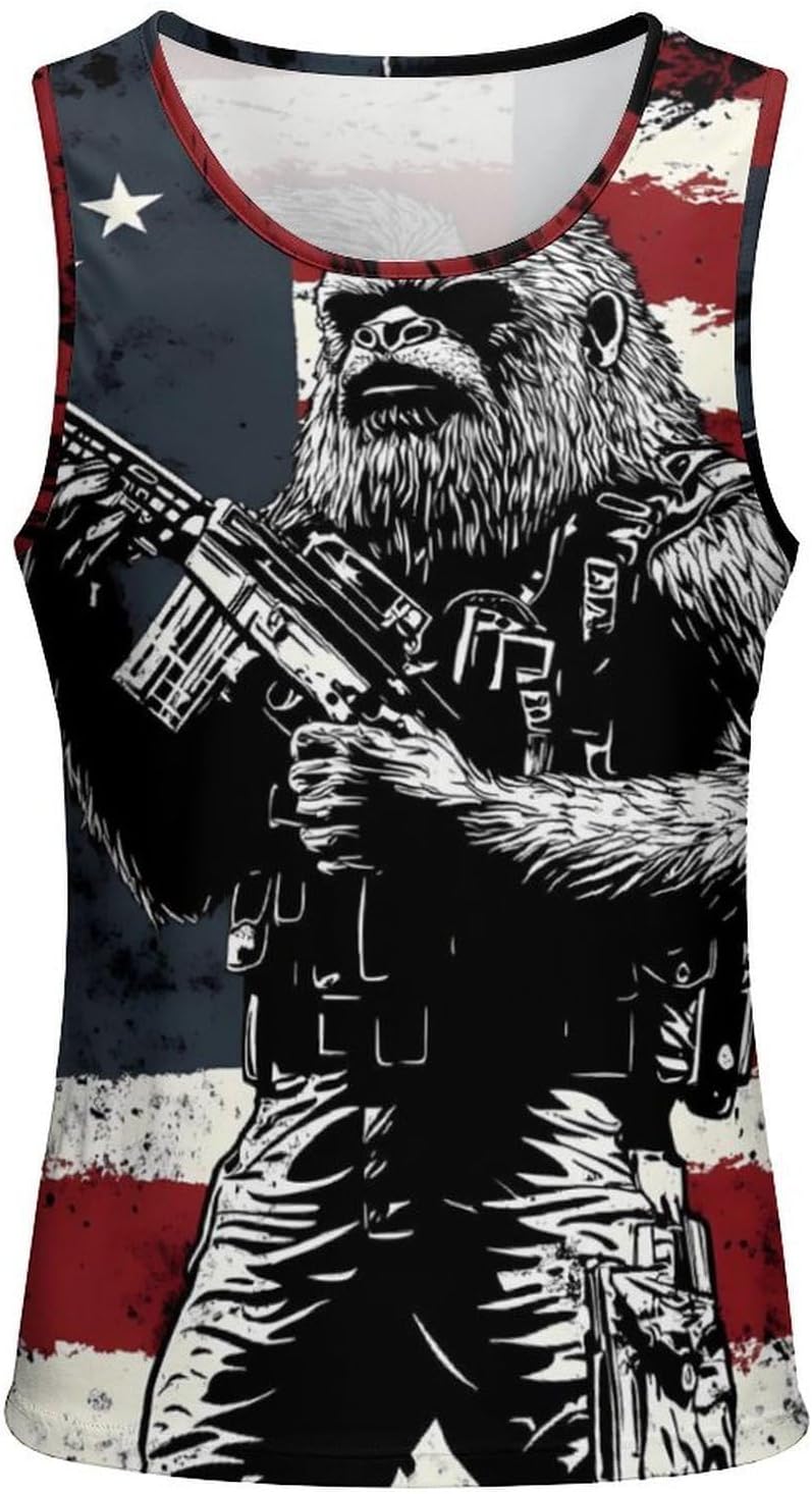 Bigfoot Holding Rifle U.S. Flag Men's Workout Tank Tops Summer Sleeveless Muscle T-Shirt Beach Tee