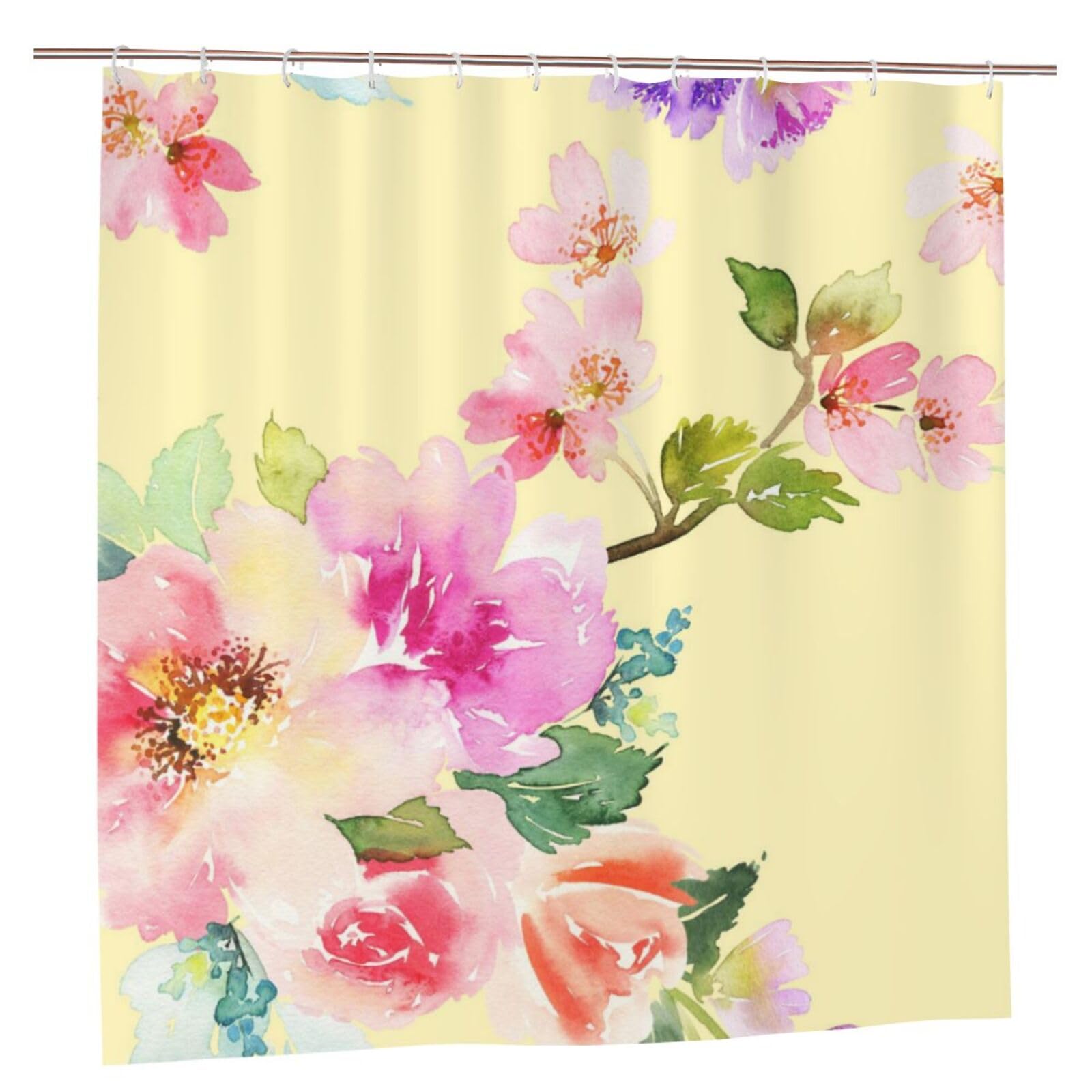 Oudrspo Polyester Fabric Shower Curtain - 70x70 Inch with Metal Grommets, Artistic Privacy Design, Seamless Pattern with Flowers Watercolor. Gentle Colors. Female Pattern. Handmade