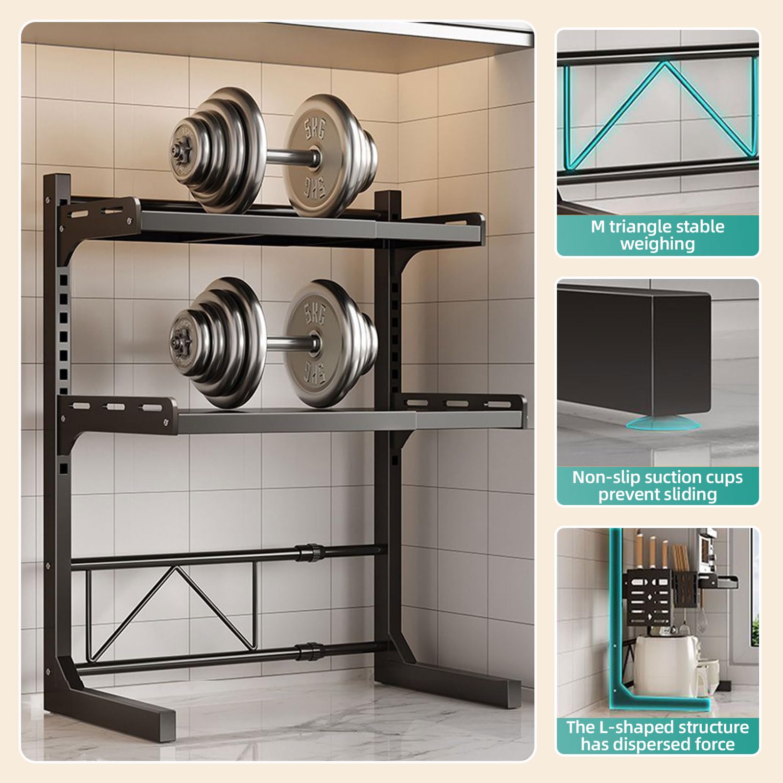 Mensola Microonde Estensibile 39-62CM Supporto per microonde espandibile a 2/3 livelli Acciaio Carbonio Ripiano Contatore Cucina Organizzatore Ripiani, 4 Ganci, Carico Pesante 25KG, Nero (3 livelli)