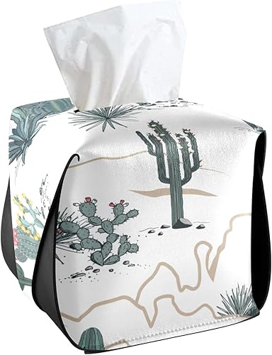 Tissue Box Cover Square Cacti West Tissue Box Holder for Bathroom, PU Leather Facial Kleenex Tissue Box Cube for Car Office