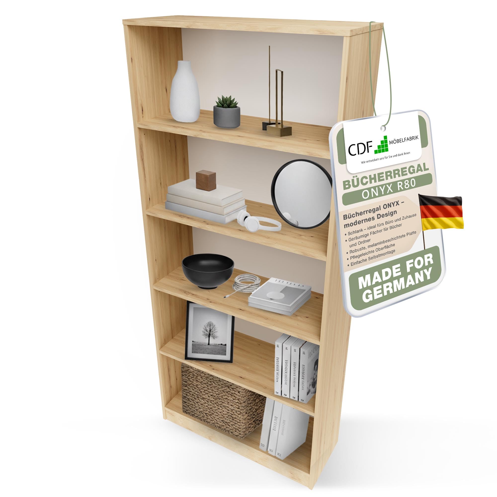 CDF Bücherregal Regal Standregal Büroregal für Ordner - Büro Wohnzimmer Homeoffice Bücherschrank zur Aufbewahrung Dokumenten Dekoration Robuste Konstruktion - Eiche Artisan 80cm