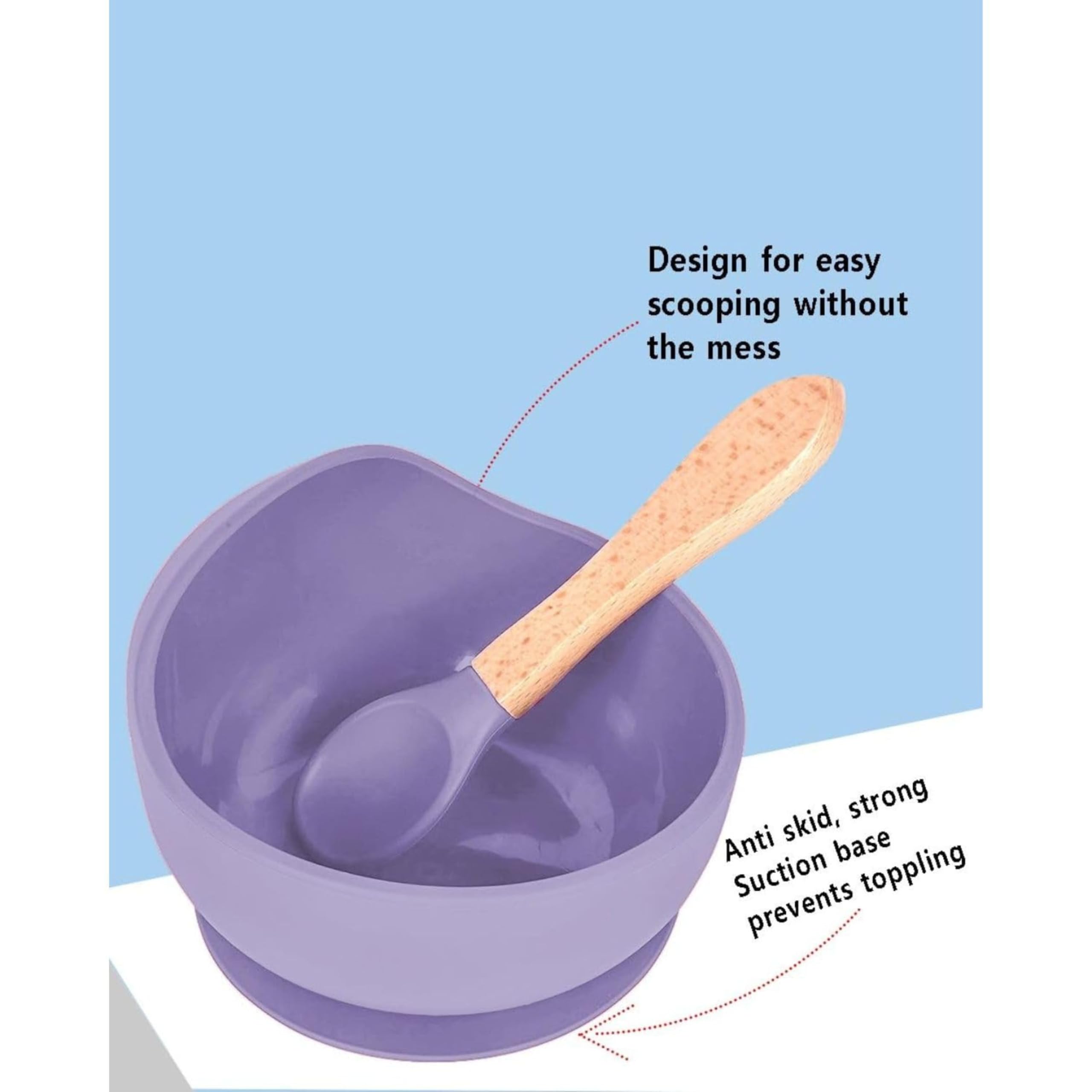 ESLORA Silicon Suction Bowl    Wooden Handle Spoon |BPA-Free,Unbreakable,Non- Slip,Microwave & Dishwasher Safe Feeding Set for Babies& Toddlers (PURPAL) - Image 7 thumbnail