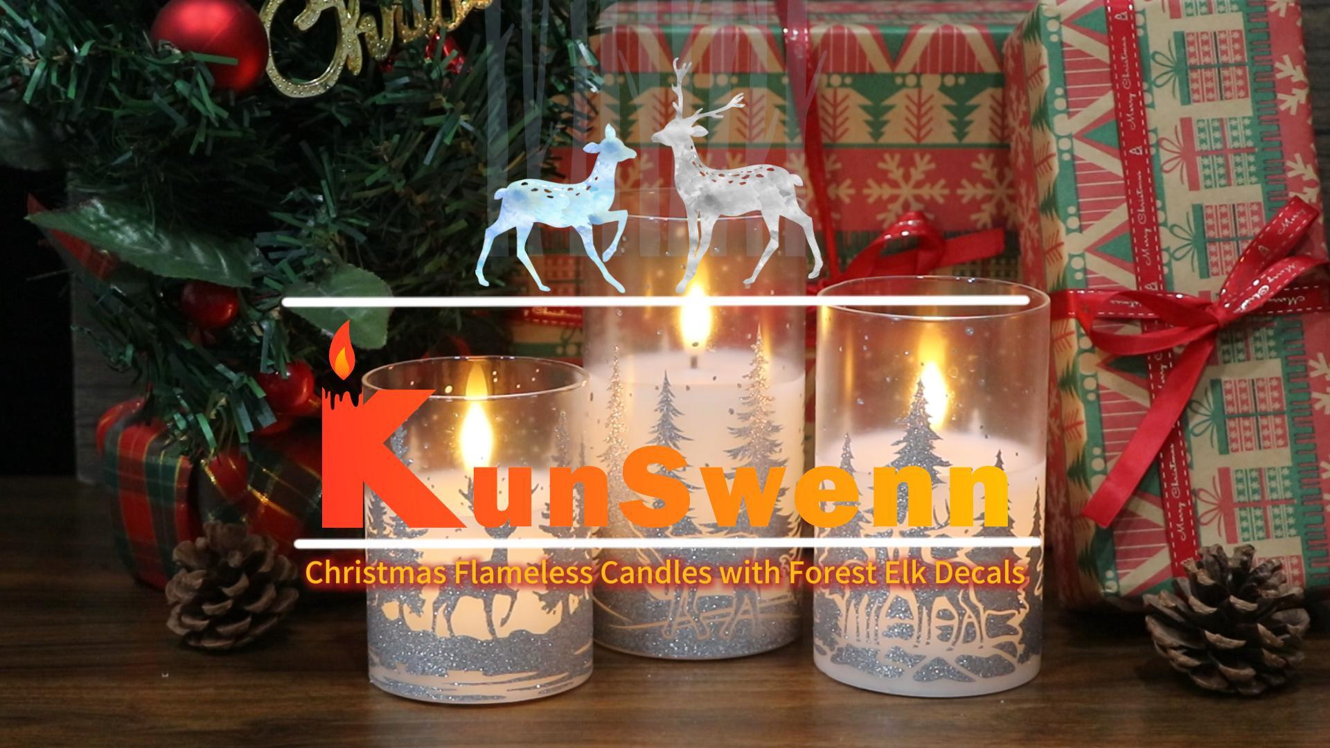 Image of Christmas Flameless Candles with Silver Reindeer Decals, 3 Pack LED Glass Battery Operated Candles with Remote Timer, Pillar Candles with Deer and Tree Pattern for Christmas Winter Decor