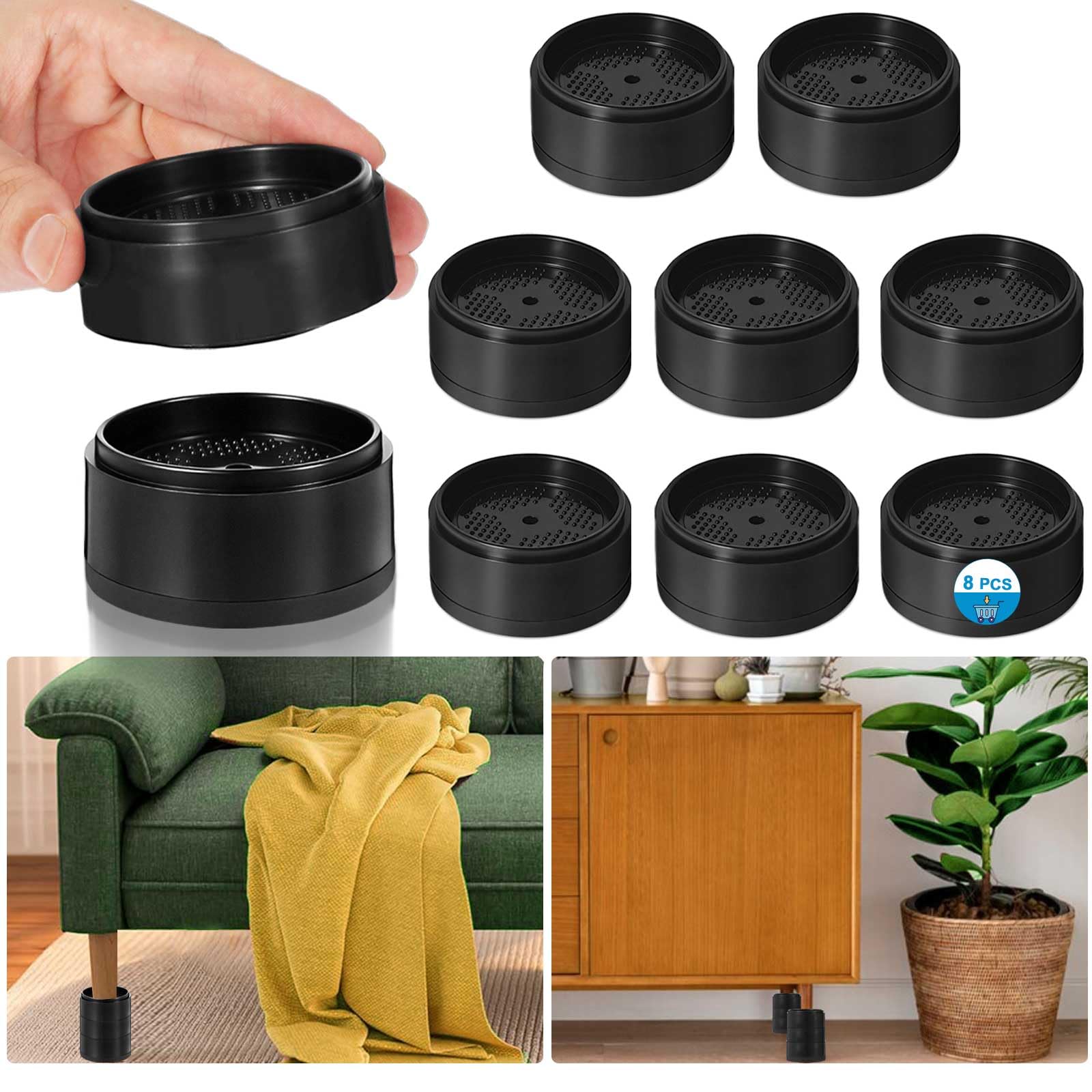 Confezione da 8 rialzi per mobili da 2,5 cm, regolabili, resistenti, per tavolo, scrivania, divano, sedia, divano, armadio, gambe del letto, dormitorio, impilabili, rotondi, altezza di