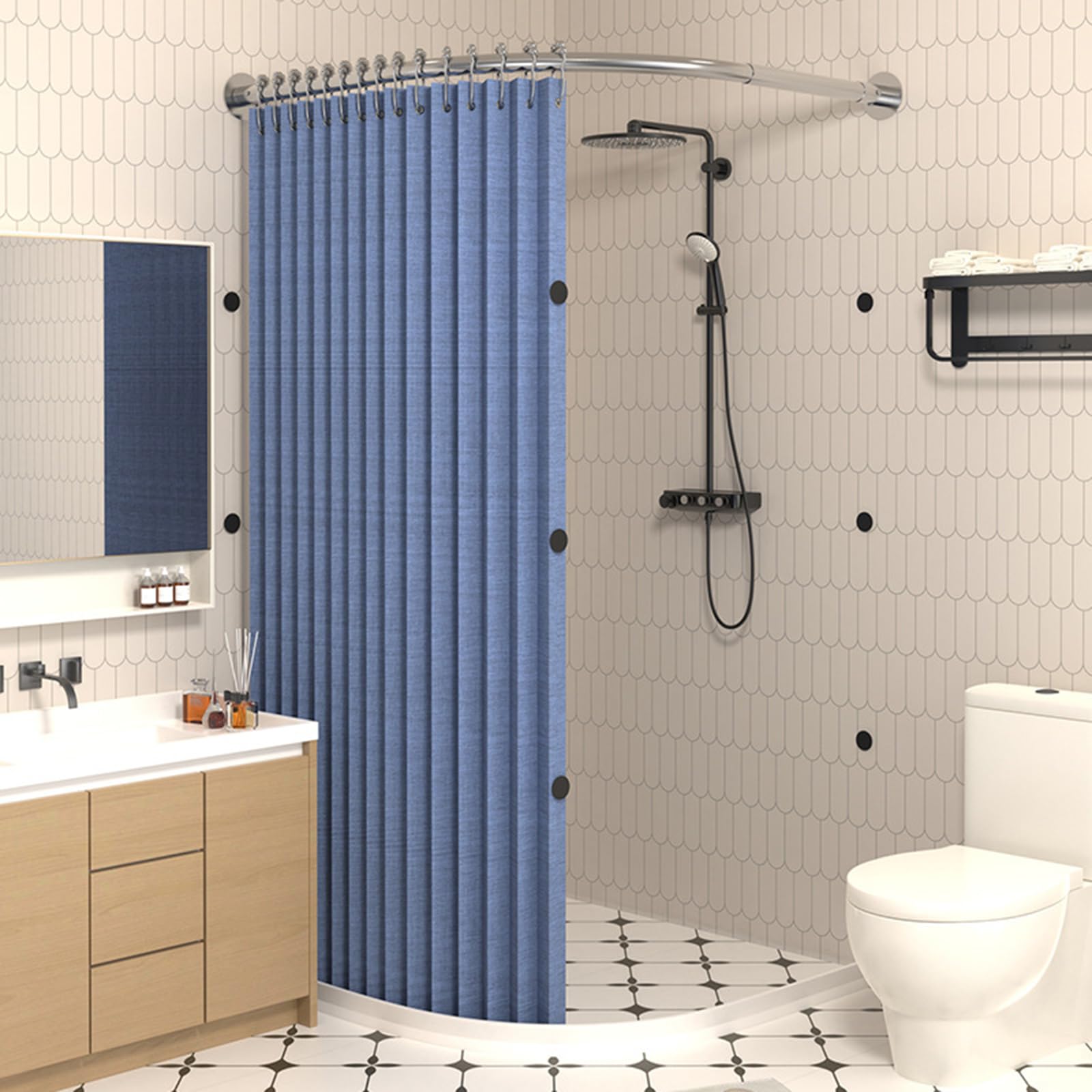 Set di Tenda da Doccia Pieghevole, con Asta per Tenda da Doccia A L E Barriera Antispruzzo Angolare, con Ventose Magnetiche, per Bagni di Piccole Dimensioni(X85-90×Y90-100,Blue+Chrome)