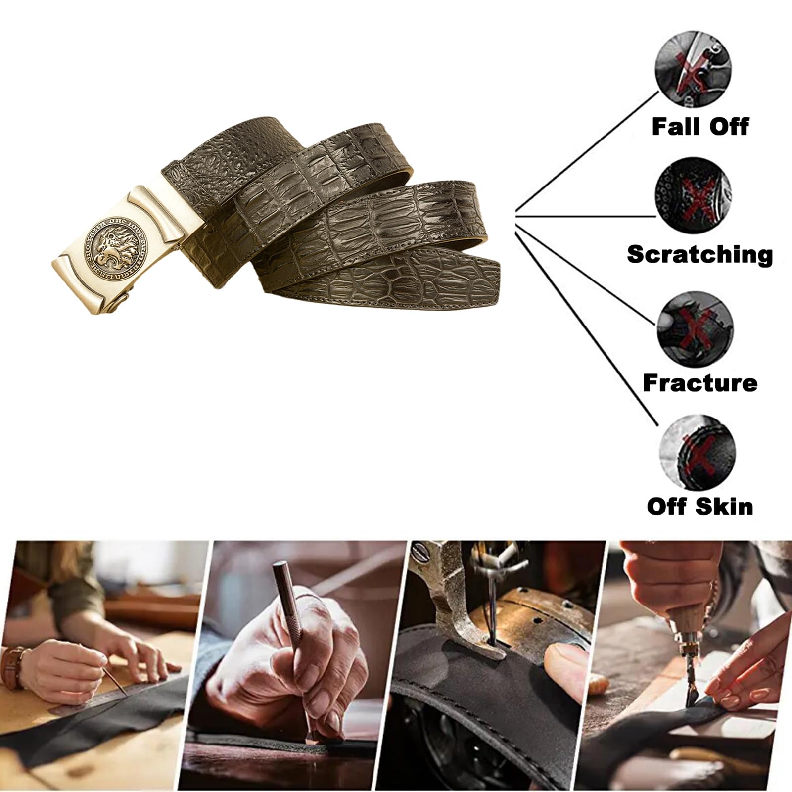 Cinturones De Piel De Cocodrilo con Adorno De León A La última Hebilla Automática Y Cierre De Trinquete Ajustable(120cm/waist:41", Black)