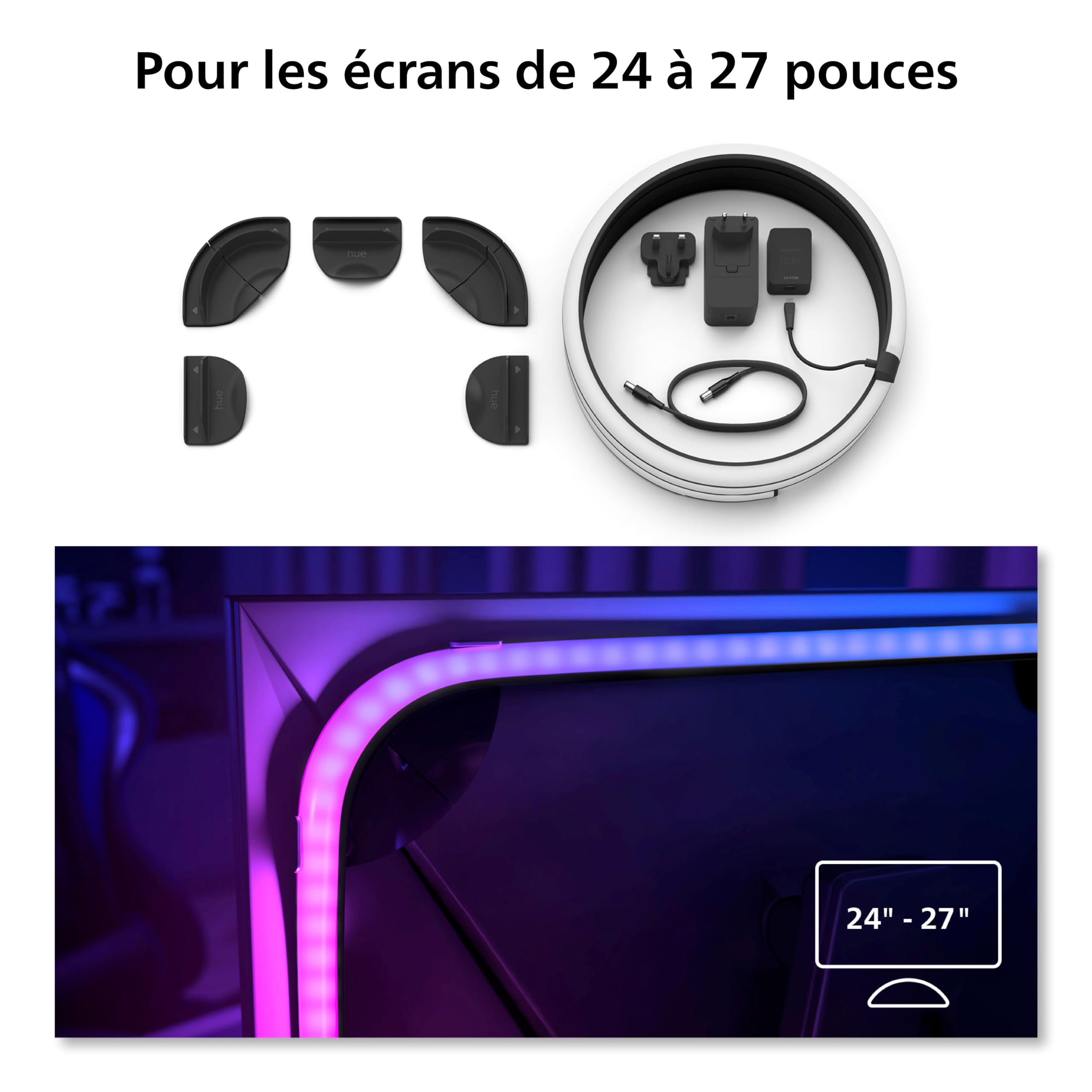Philips Hue White and Color, Kit démarrage Lightstrip Hue Play gradient PC, écran 24-27 pouces + Pont, synchronisation de la lumière avec le jeu, compatible Alexa, Google et Apple Homekit