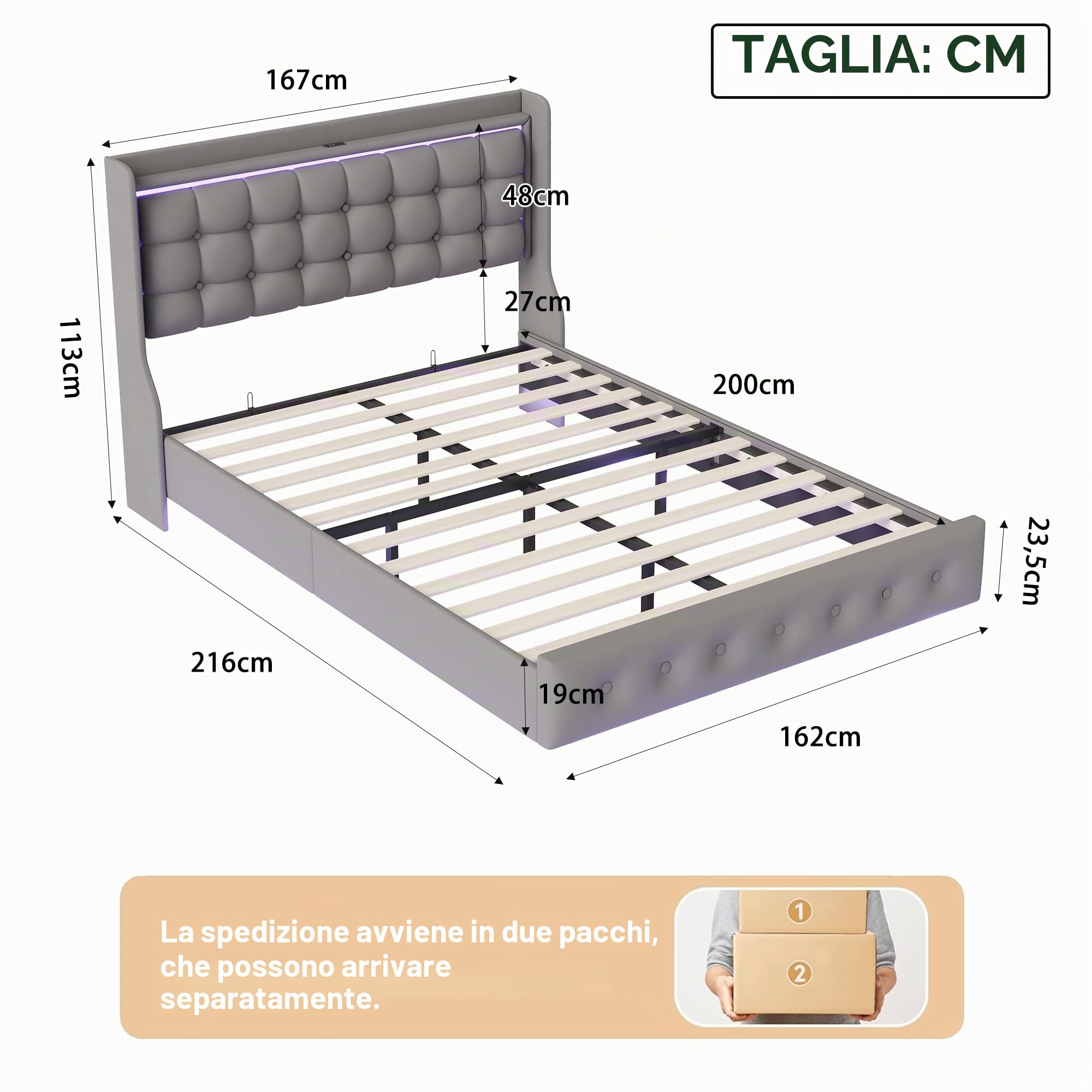 Letto 160 x 200 con rete, telaio letto multifunzionale, testiera imbottita con stoccaggio, struttura stabile, effetto galleggiante, velluto, grigio scuro (grigio scuro D, 160 x 200 cm)
