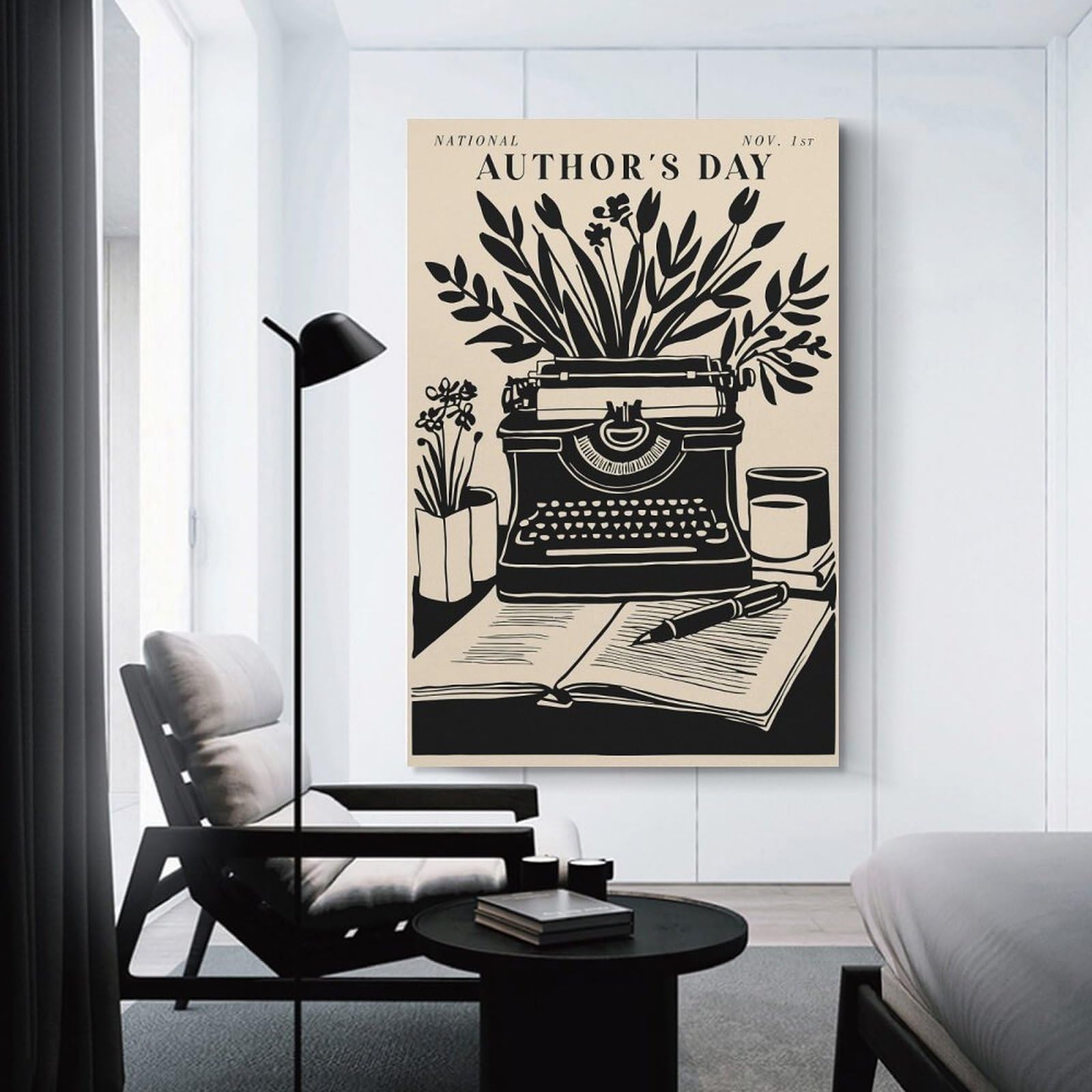Junmoney National Authors Day Typewriter And Flowers Wall Art Print, 24x36inch(60x90cm), for Lounge Decor, Bedroom Walls Or Flats, Decorative Artwork for Empty Walls