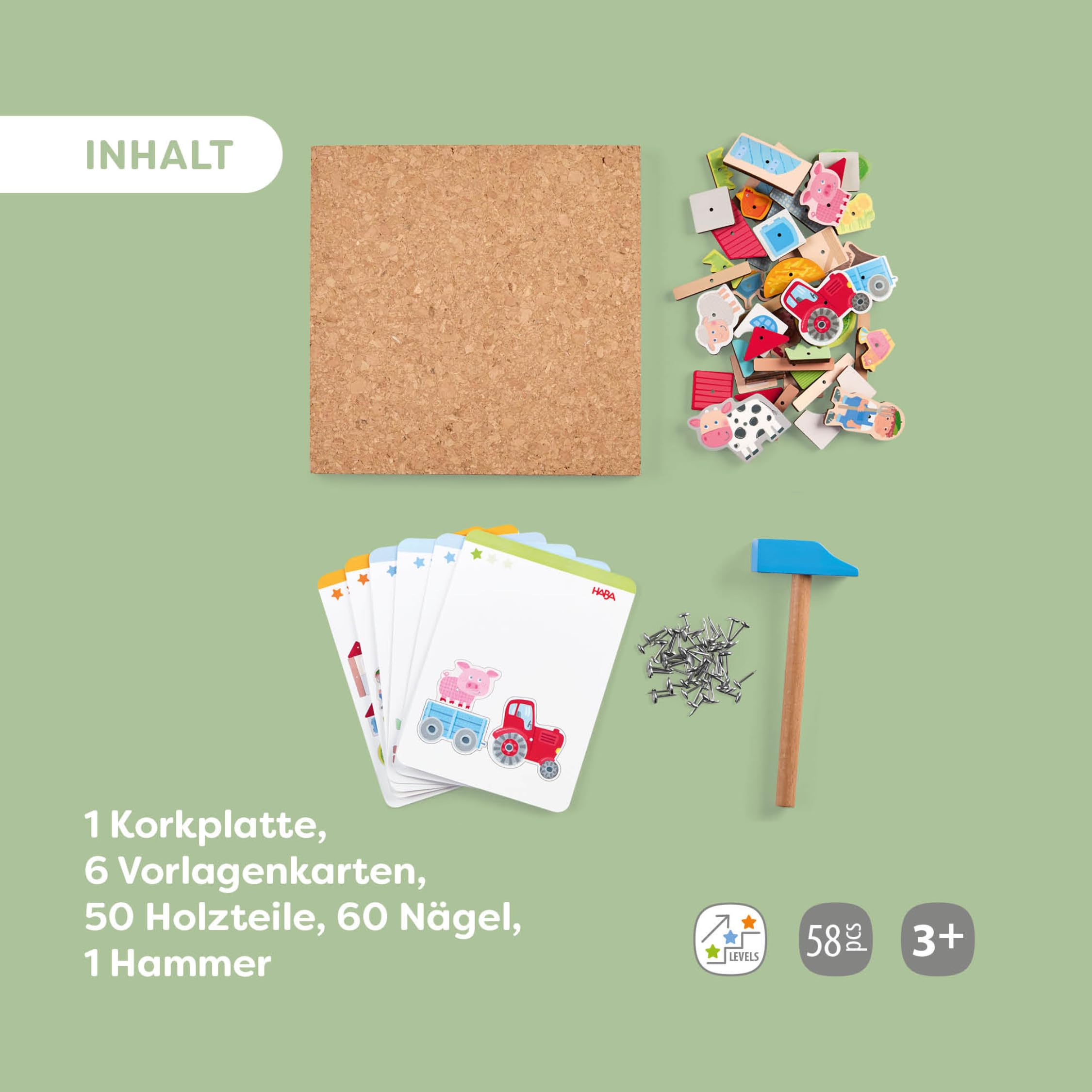 HABA Hammer-Nagelspiel: Bauernhof – Holzspielzeug mit Hammer und Nägel für Kinder ab 3 Jahren – Kreativspielzeug mit Korkplatte & Vorlagen – 2013378001