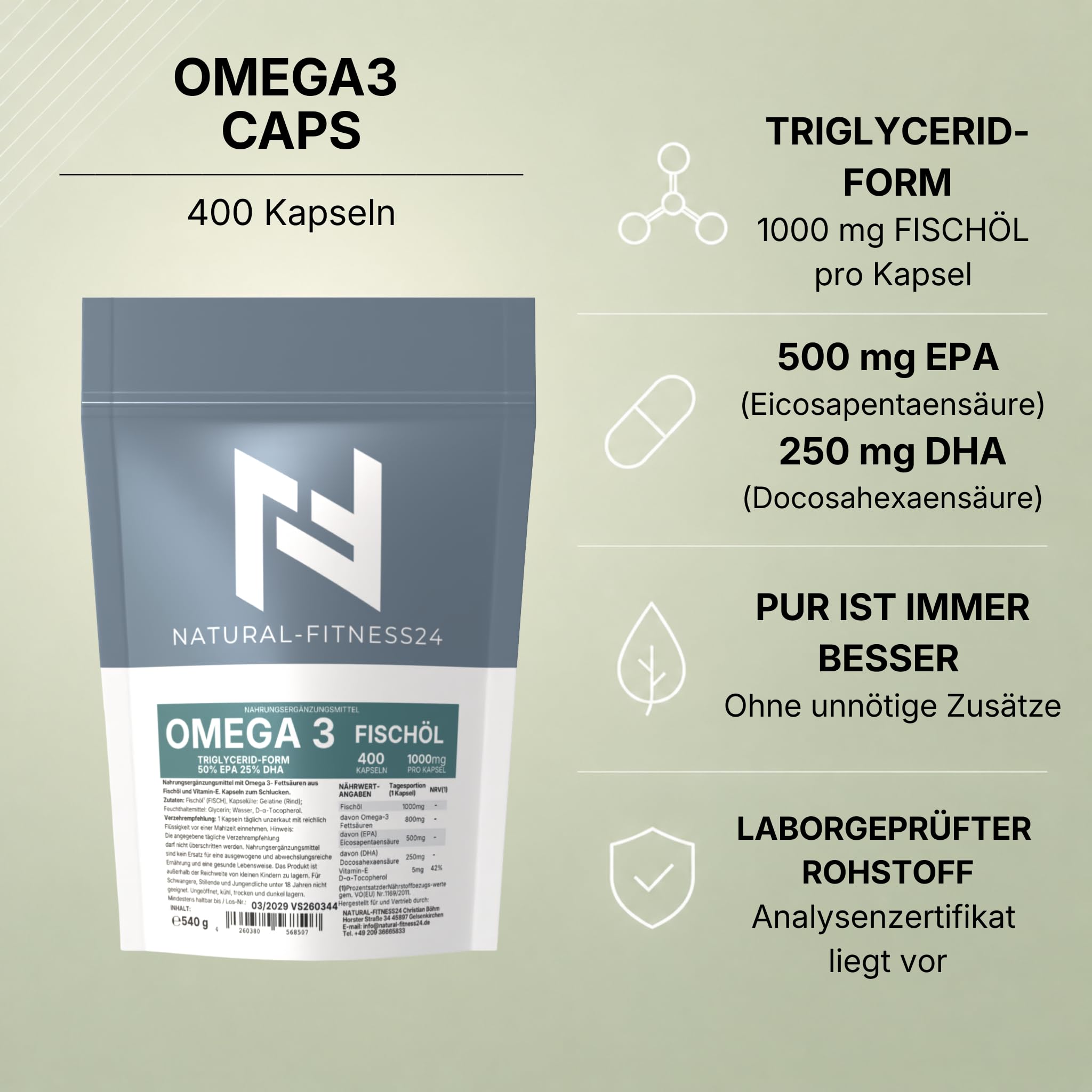 Omega 3 Fischöl Kapseln 400 Stück – 1000mg TG-Form 500mg EPA 250mg DHA | NF24