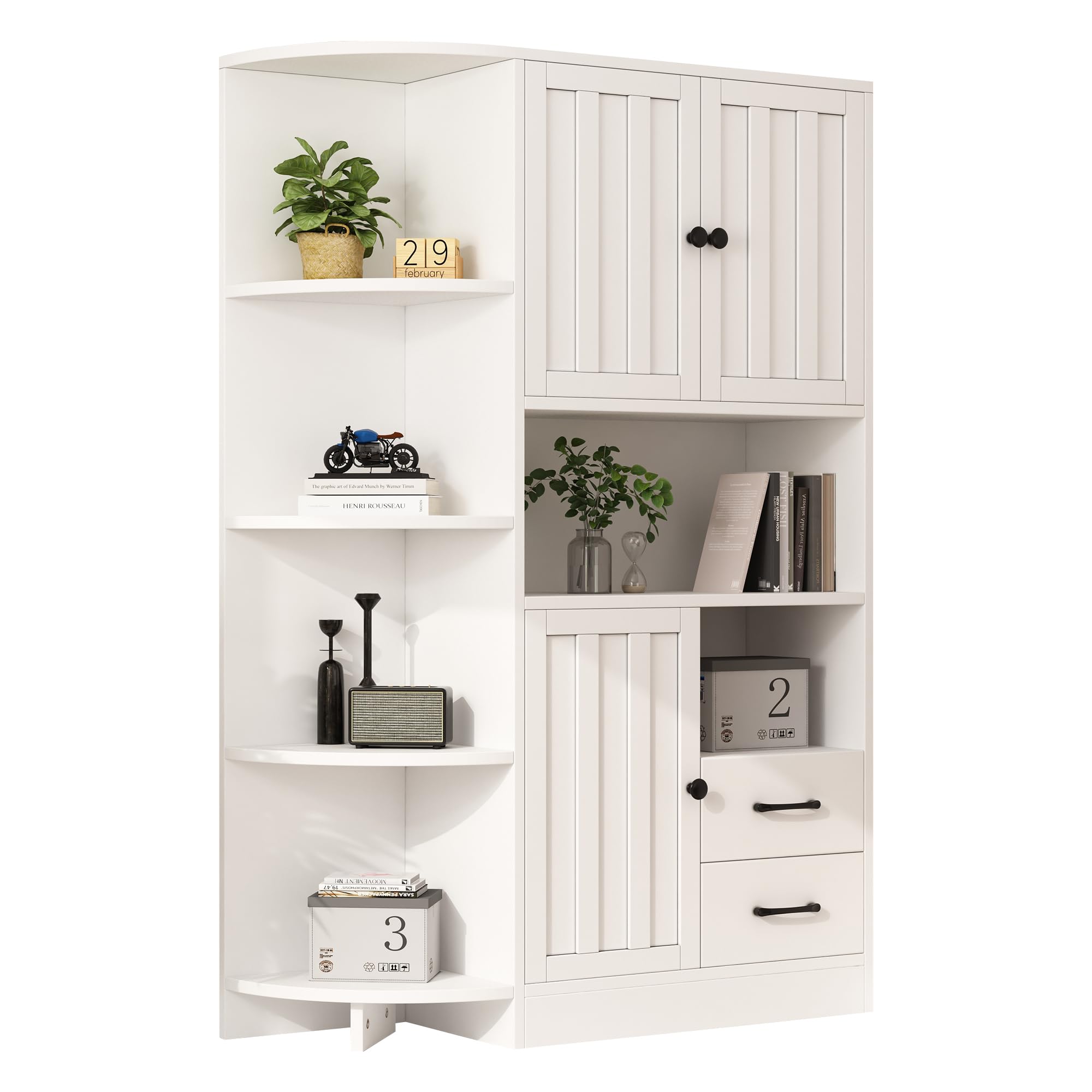 104 x 35 x 155 cm, armario de esquina con 3 armarios + 2 cajones, estanterías de salón, armarios altos y highboard con un total de 14 áreas de almacenamiento, estanterías, aparador, color blanco