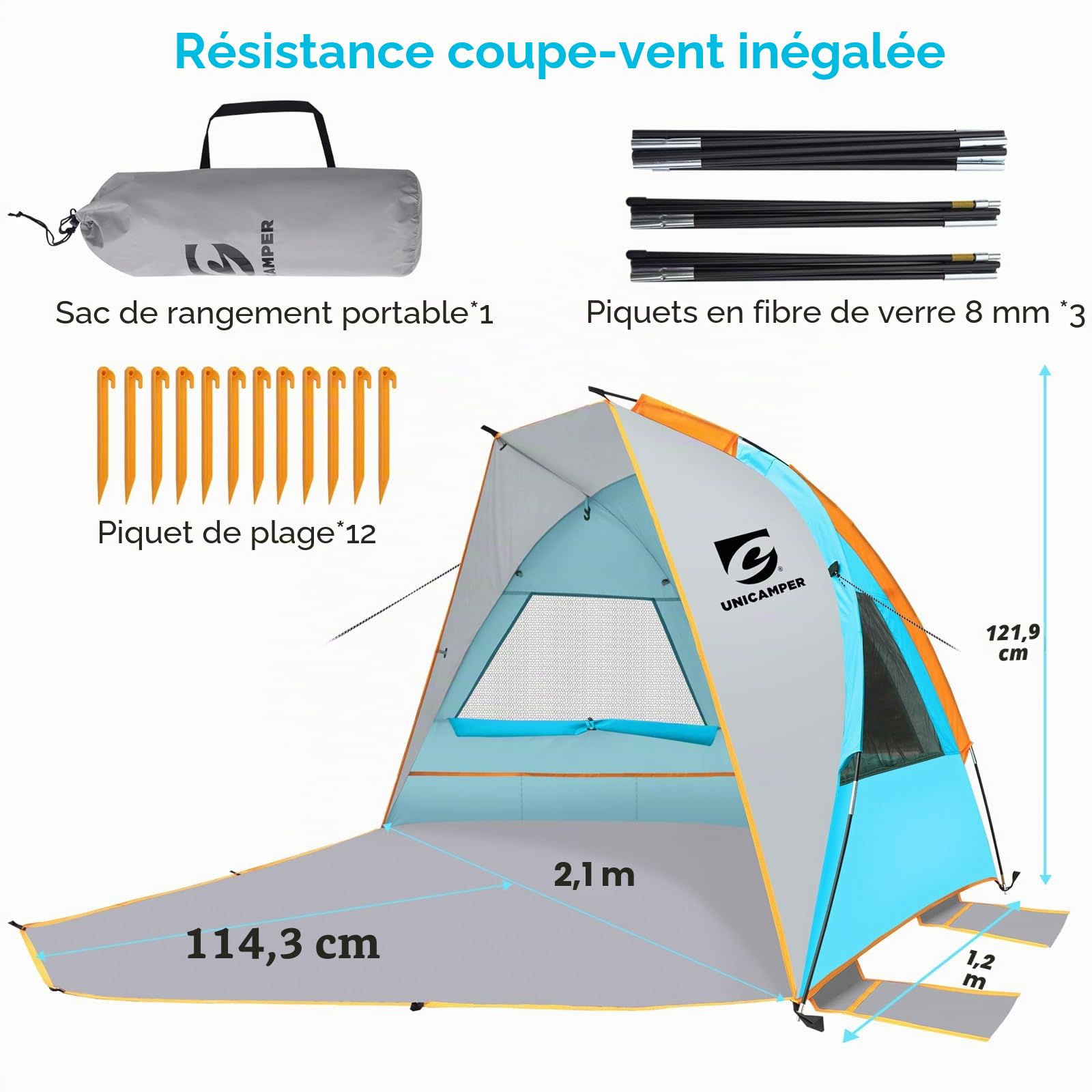 UNICAMPER Tente de Plage UNC pour 2 à 3 Personnes – Protection Solaire, UPF 50+, Sol en PE imperméable et 3 fenêtres en Filet, ombrage de Plage Portable, 210 * 120 * 120cm (Bleu)