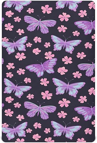 Sábanas bajeras ajustables para cuna, diseño floral, mariposas moradas, portátiles, para bebé y niño, colchón suave y transpirable para cuna de 39 x