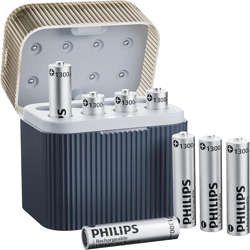 Philips Rechargeable Lithium AAA Batteries with Fast Charger 8 Pack 1.5V 1300mWh High Capacity AAA Battery Constant Output Li-ion Triple a Batteries Cycle Times up to 1200X