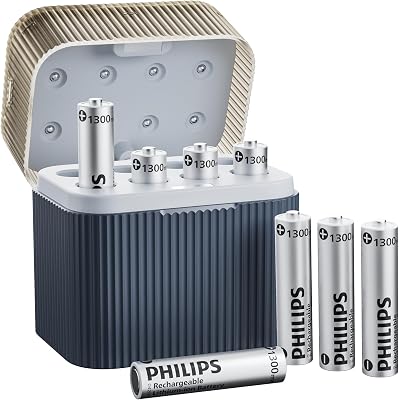 Philips Rechargeable Lithium AAA Batteries with Fast Charger 8 Pack 1.5V 1300mWh High Capacity AAA Battery Constant Output Li-ion Triple a Batteries Cycle Times up to 1200X