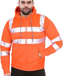 A2Z High Visibility Safe Work Hooded Zipper Two Tone Reflective Tape Pullover Sweatshirt Hi Vis Viz Casual Workout Safety Zip Up Hoodie Workwear For Men's Small Mediuam Large XL 2XL 3XL 4XL
