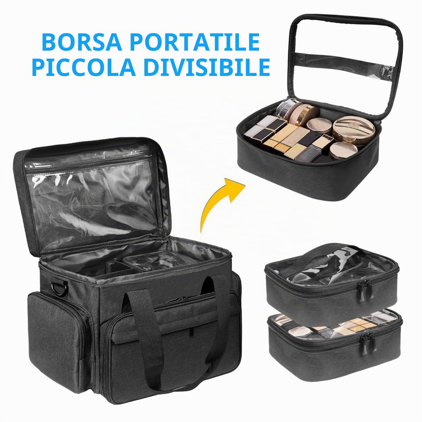 Grande borsa per il trucco con 2 tasche rimovibili, divisori staccabili e tracolla, borsa organizer professionale da viaggio per cosmetici, accessori per capelli, articoli da toeletta, salone di