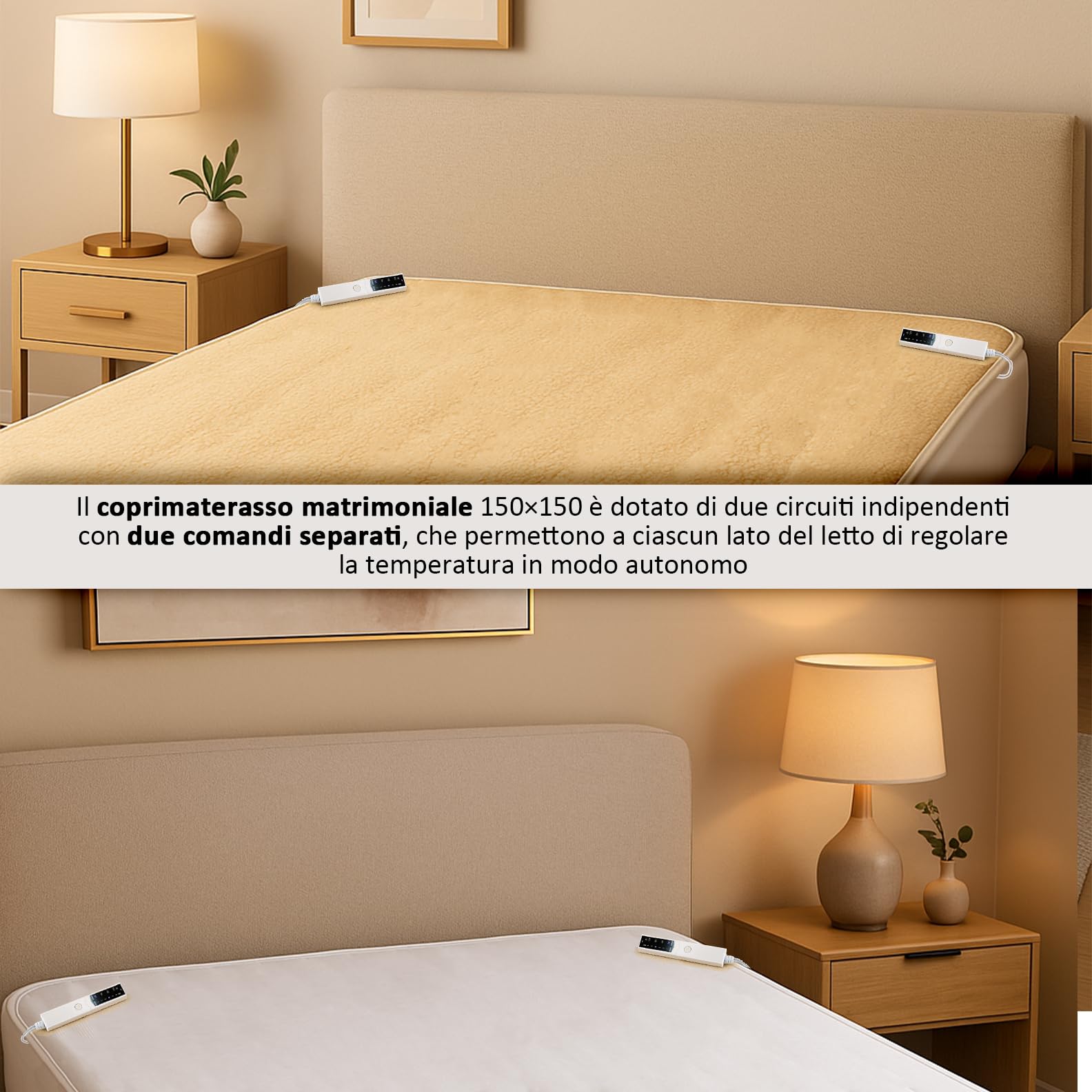 Coprimaterasso Elettrico Scaldaletto 150x150 Bianco Made in Italy, Lavabile, Anallergico, 6 Temperature, 4 Timer, Lato Comando Personalizzabile