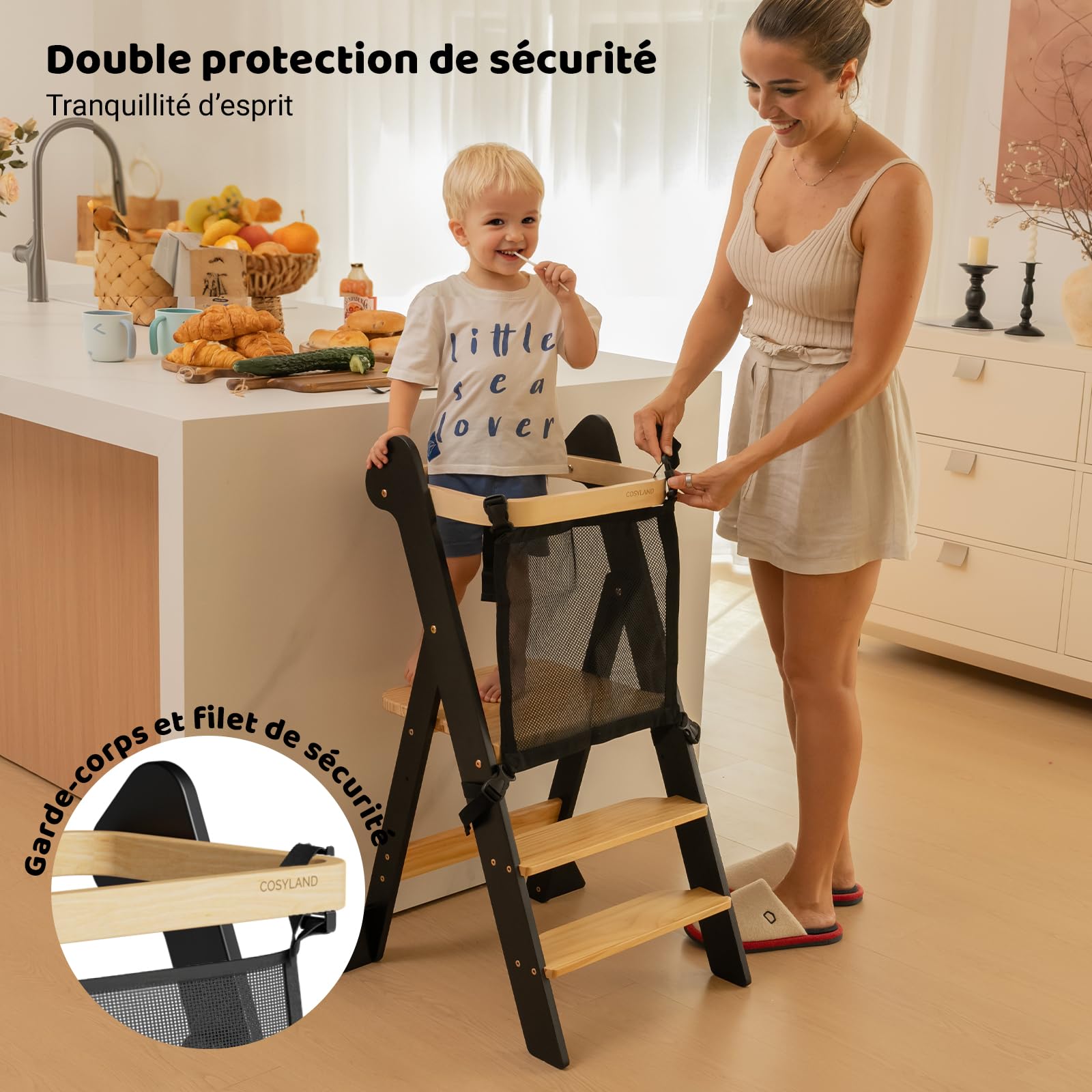 COSYLAND Tour d’Observation Montessori Enfant Pliable – If Design Award, Tour d’Apprentissage en Bois Réglable en Hauteur dès 1 an avec Filet de Sécurité, Kitchen Helper Bébé – Noir & Naturel