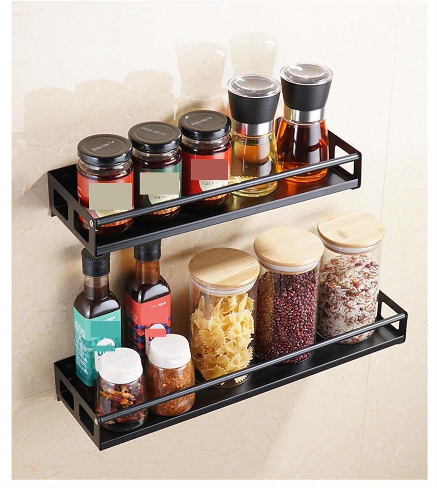 Organizador de especias Estantes organizadores de cocina montaje en pared, estante almacenamiento for tarros especias, soporte for condimentos, acero inoxidable, accesorios(Black-50*12.5*5cm)