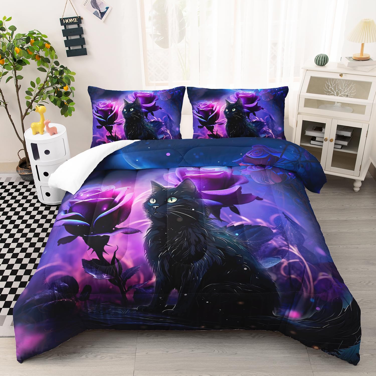AILONEN Cartoon Black Cat Comforter Set Queen Size, 3D Purple Rose Bedding Set for Girls Women Bedroom Decor,Starry Night Planet Duvet Set,3 PCS, 1 Quilt 2 Pillowcases Rose131 Queen