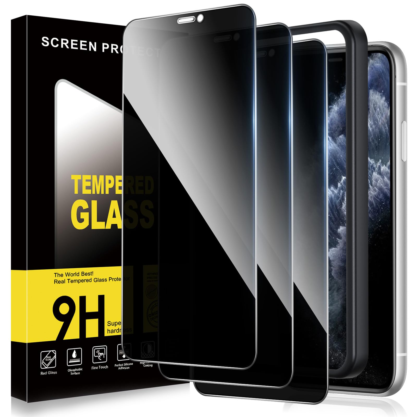 ZhuoFan 3 Piezas Protector Pantalla Privacidad para iPhone 11 Pro Max/XS Max,Antiespia Cristal Templado con Marco de Instalación Fácil,Privacy Screen Protector Vidrio Pelicula